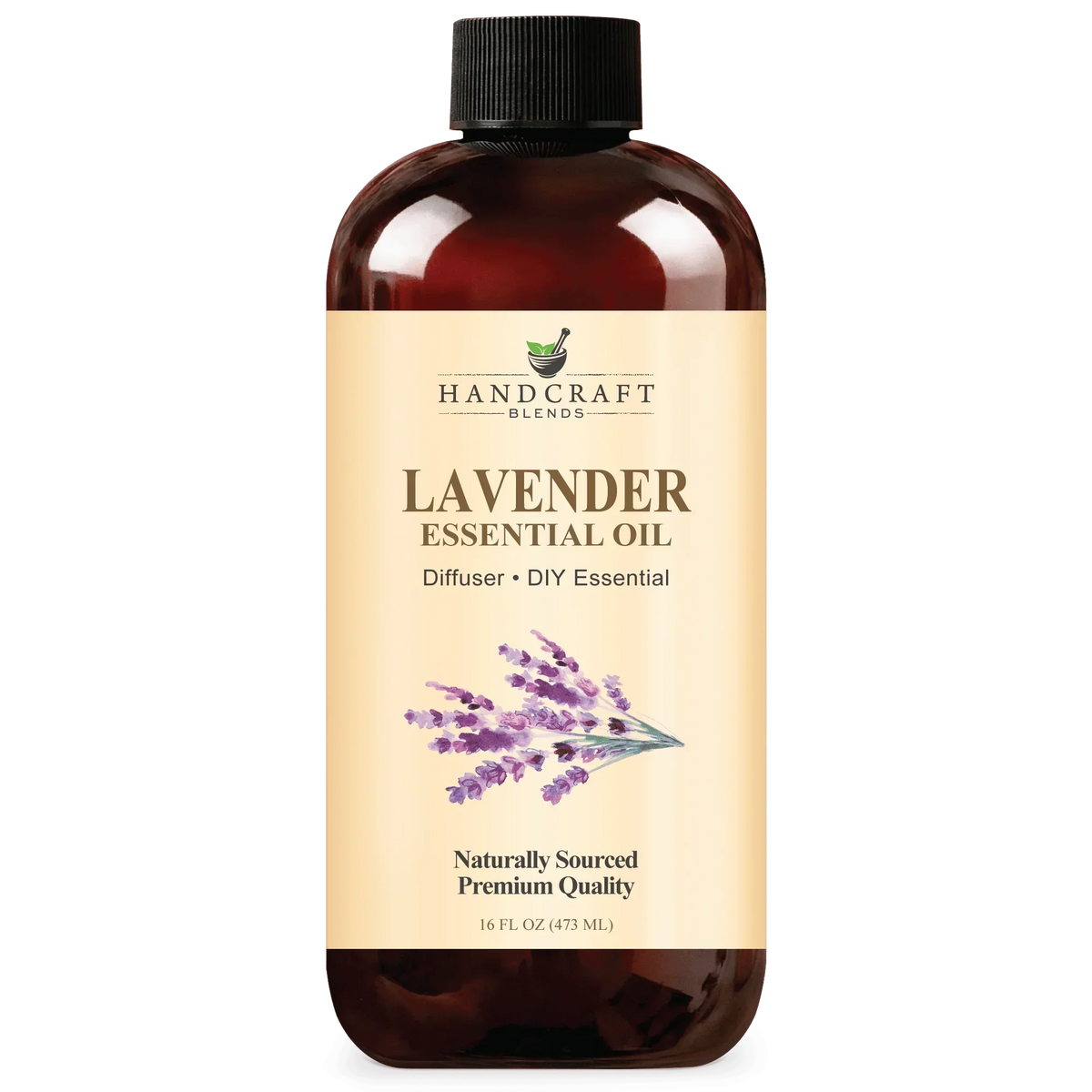 16oz amber bottle of lavender essential oil for aromatherapy and diffuser use