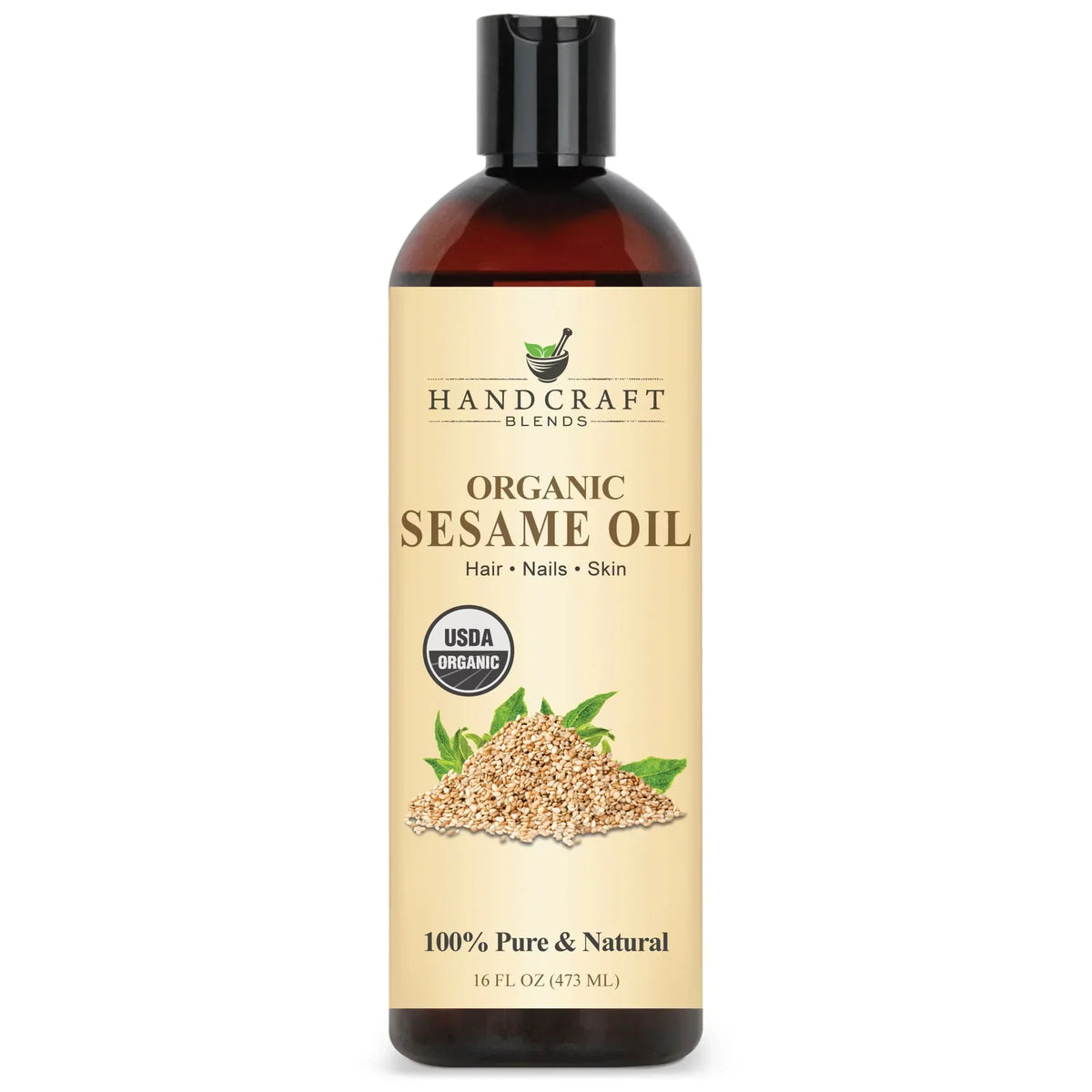 16oz bottle of organic sesame oil for hair, nails, skin, USDA organic, pure and natural.