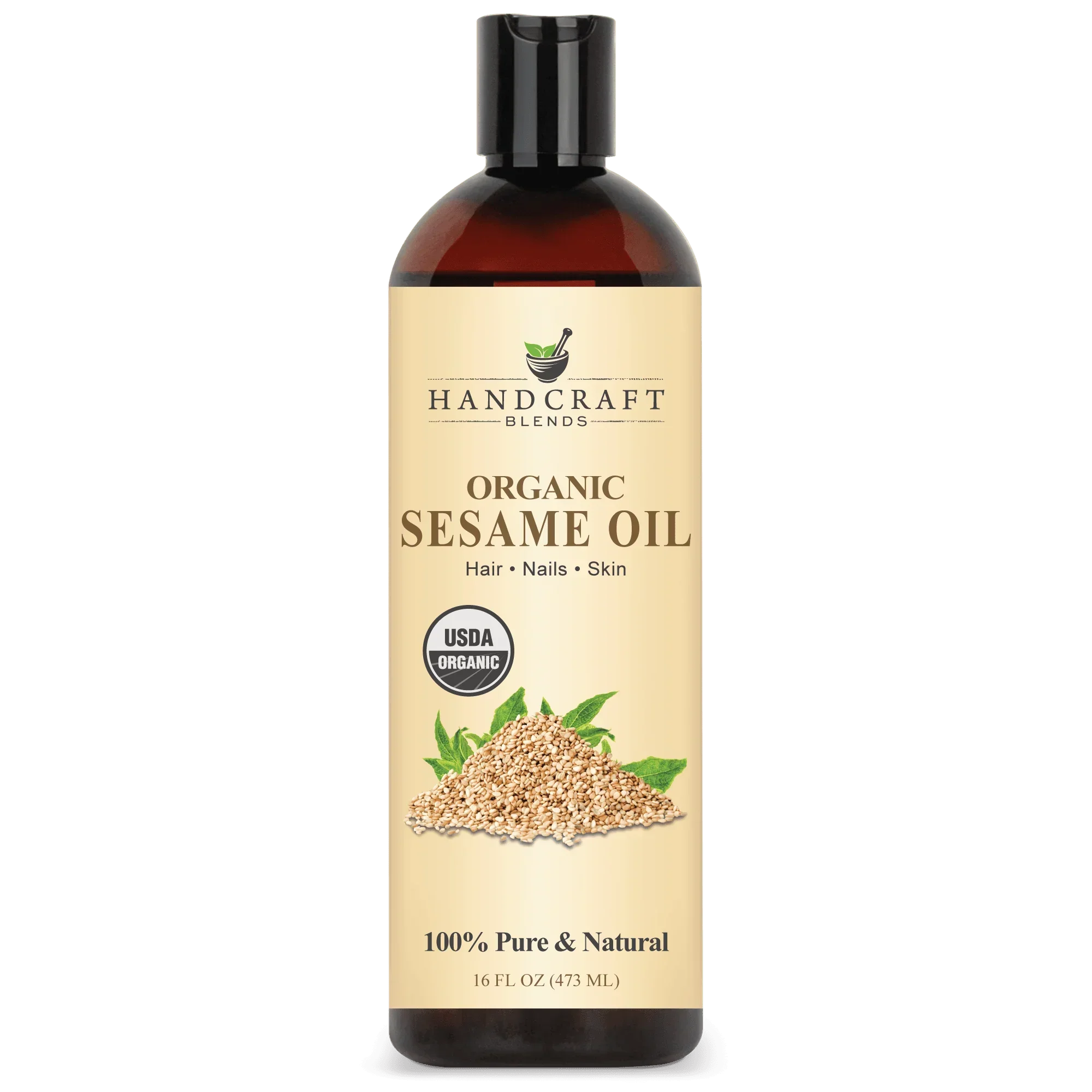 16oz bottle of organic sesame oil for hair, nails, and skin with USDA organic label