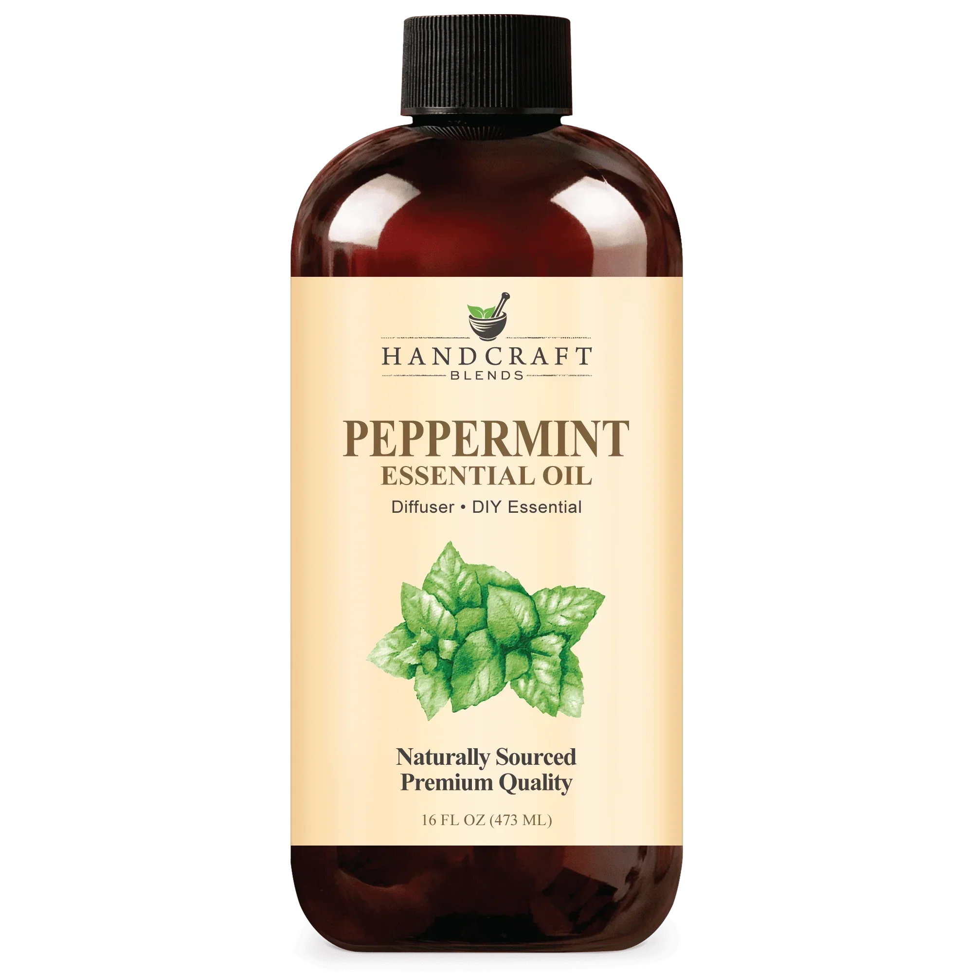 16oz bottle of peppermint essential oil for aromatherapy and DIY blends, labeled premium quality.