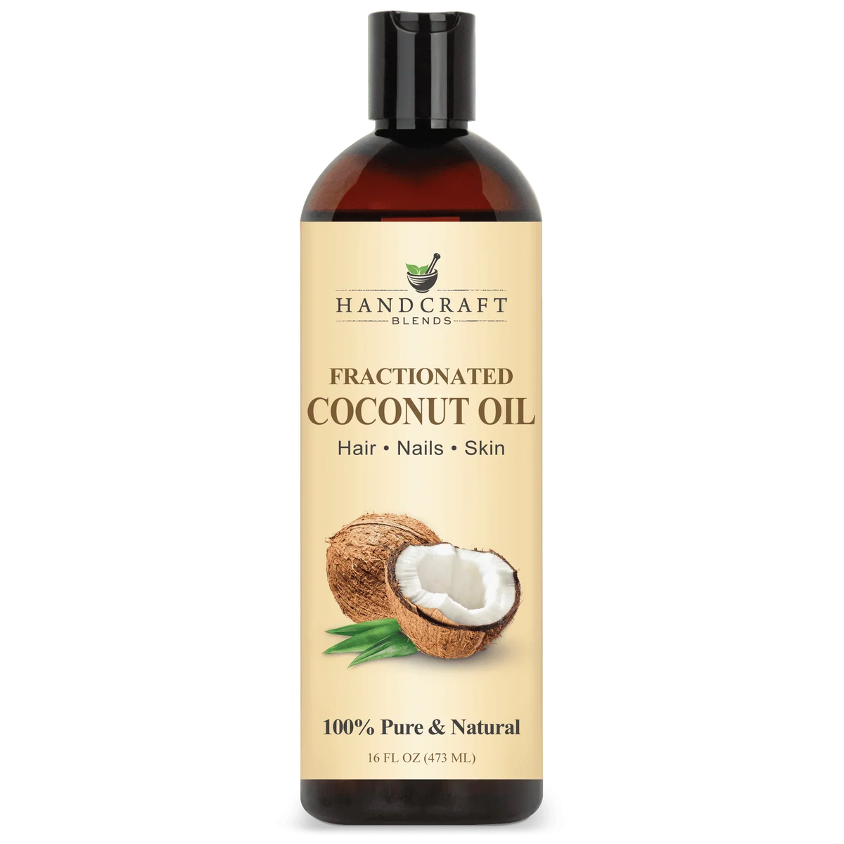 Handcraft Blends Fractionated Coconut Oil bottle with coconut image, 16oz, for hair, nails, skin