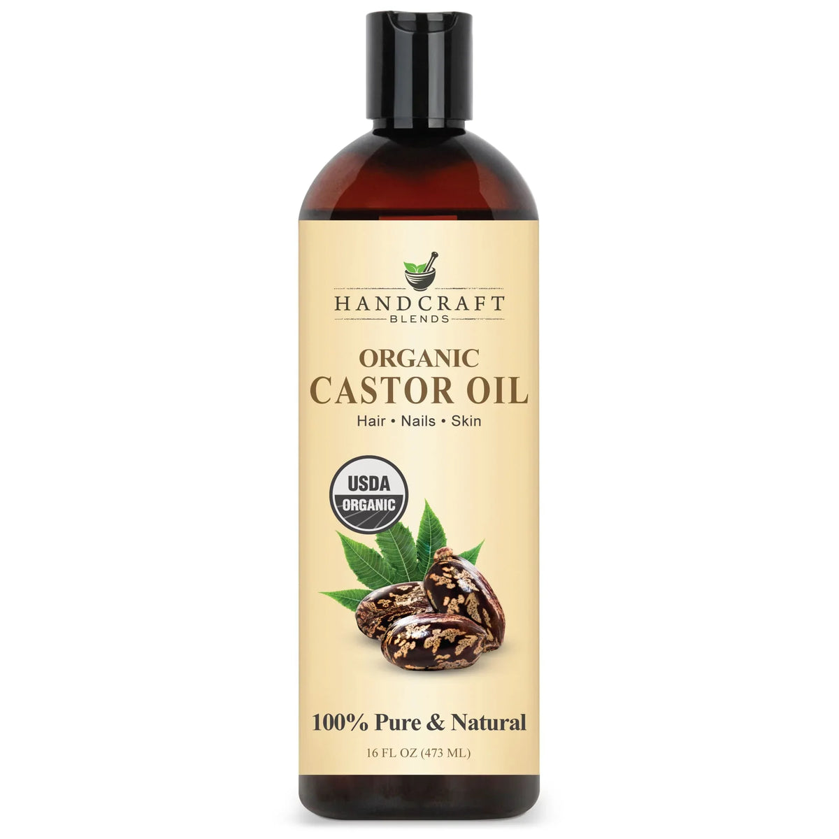 16oz bottle of organic castor oil for hair, nails, skin with USDA organic label