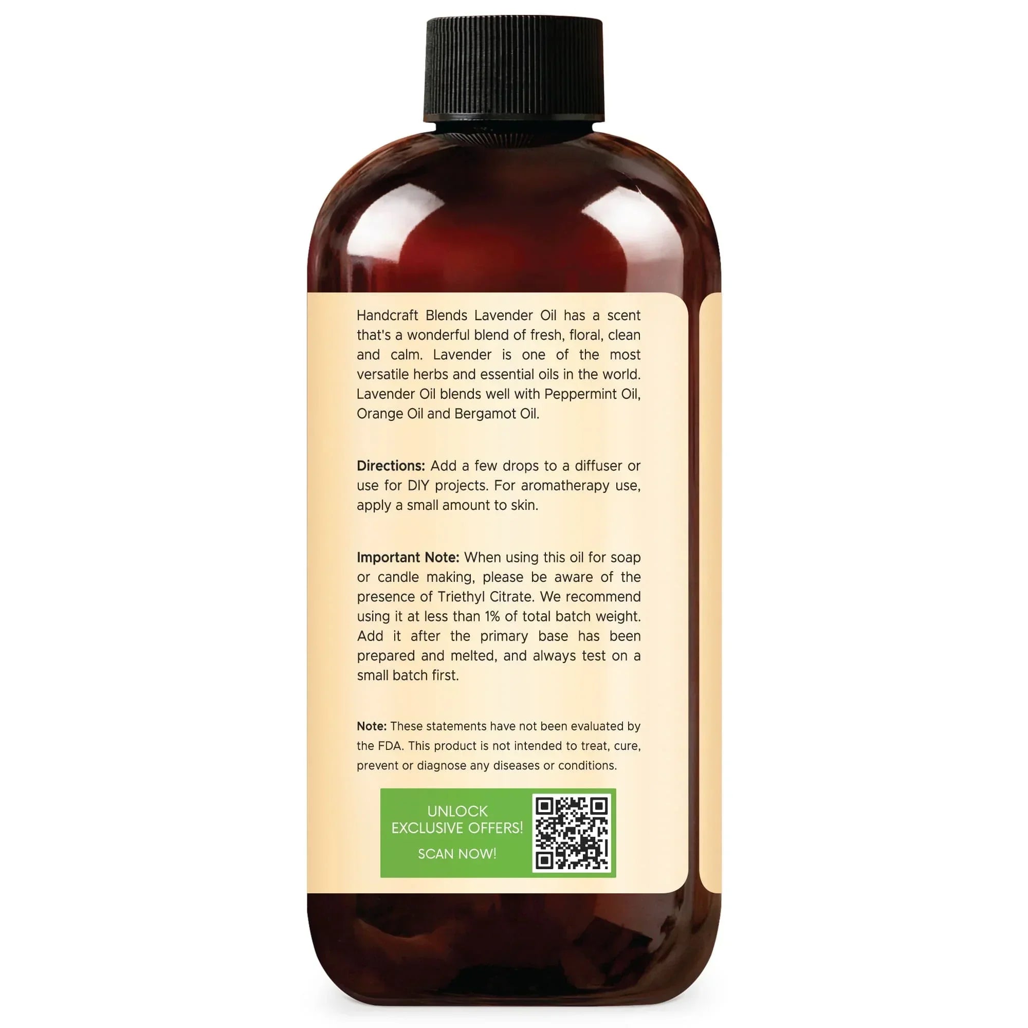 Back of amber bottle with black cap, lavender oil directions and details label visible