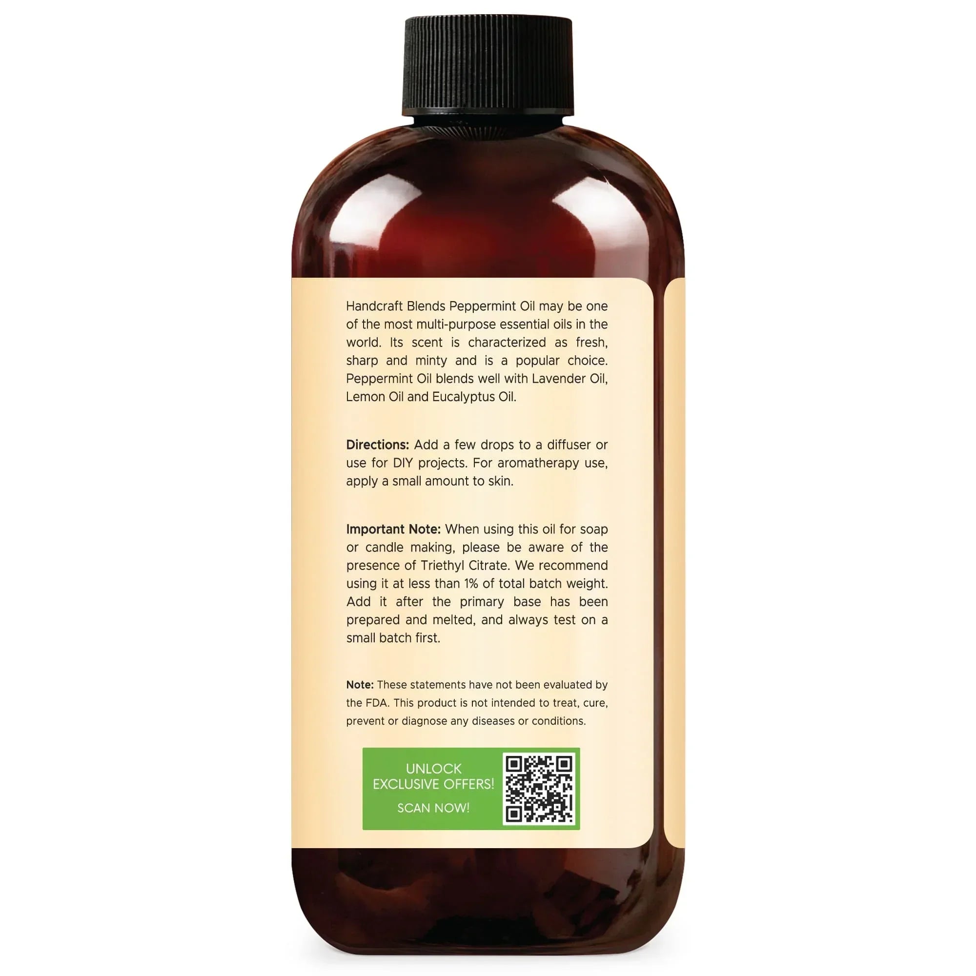 16oz amber bottle with black cap, product instructions and QR code for peppermint essential oil.