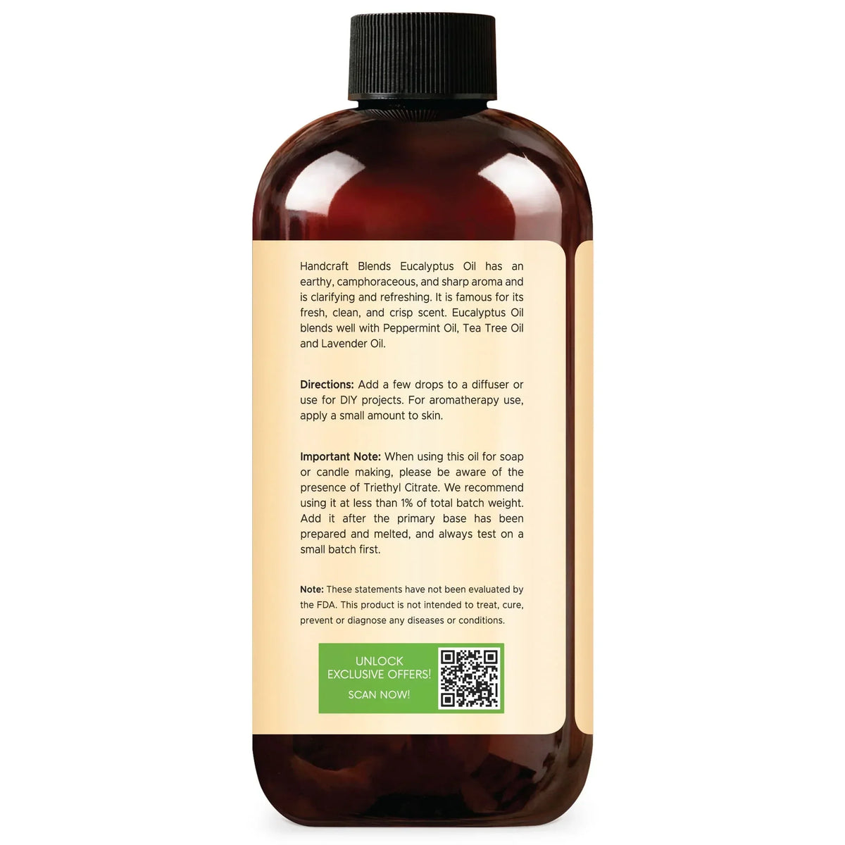 16oz amber bottle with black cap, product label for eucalyptus essential oil, aromatherapy directions