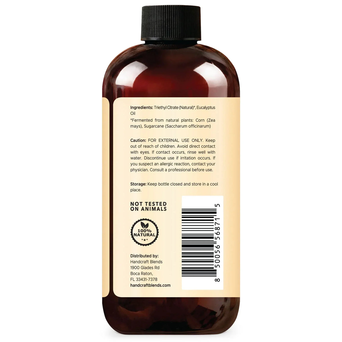 Back of 16oz amber bottle showing natural ingredients, caution, barcode, and not tested on animals label.