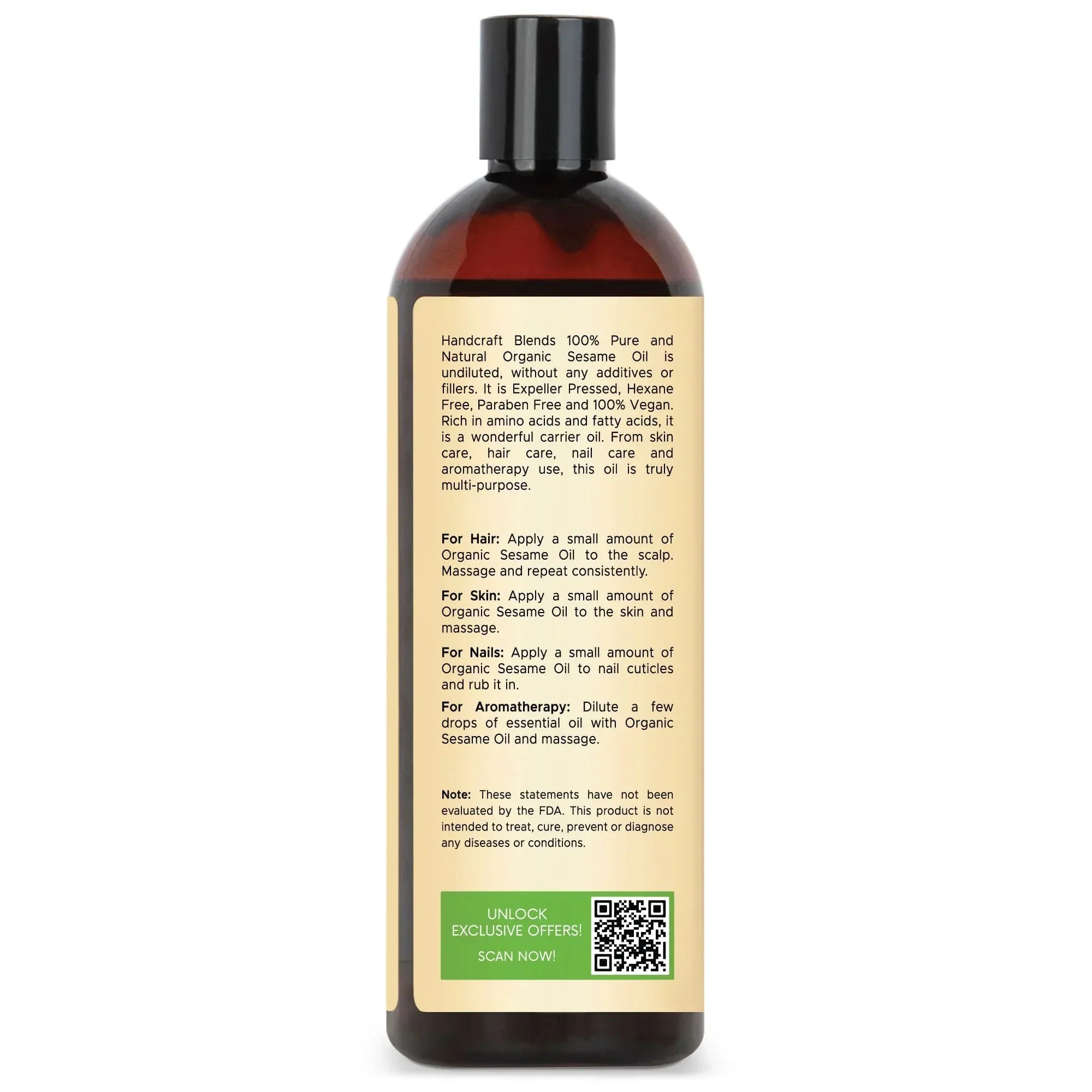 16oz amber bottle of organic sesame oil with detailed usage instructions and QR code on label