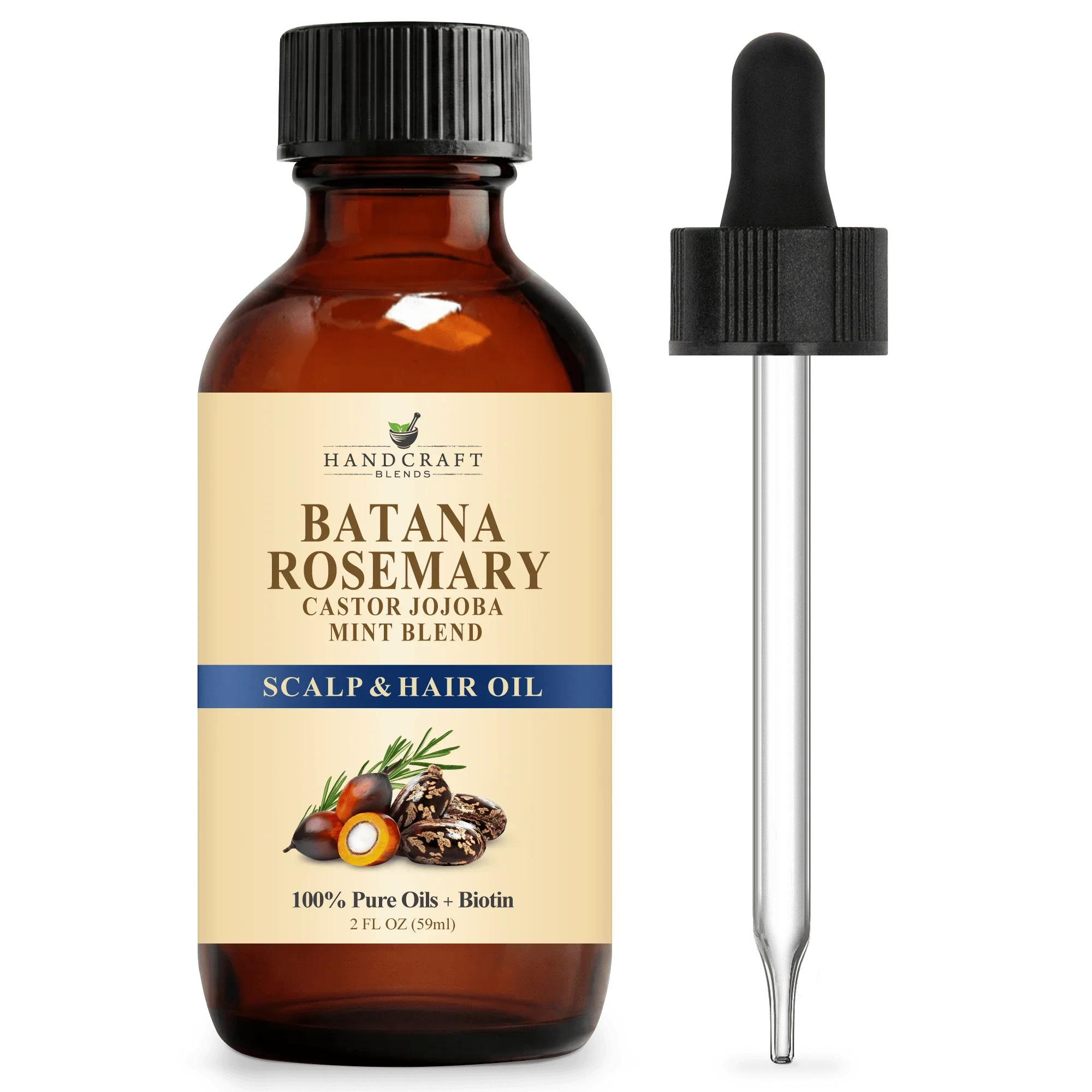 Batana rosemary scalp and hair oil bottle with dropper, castor jojoba mint blend