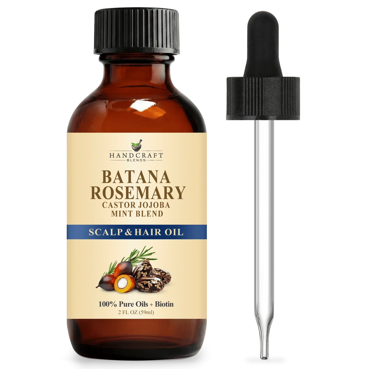 Batana rosemary scalp and hair oil bottle with dropper, castor jojoba mint blend