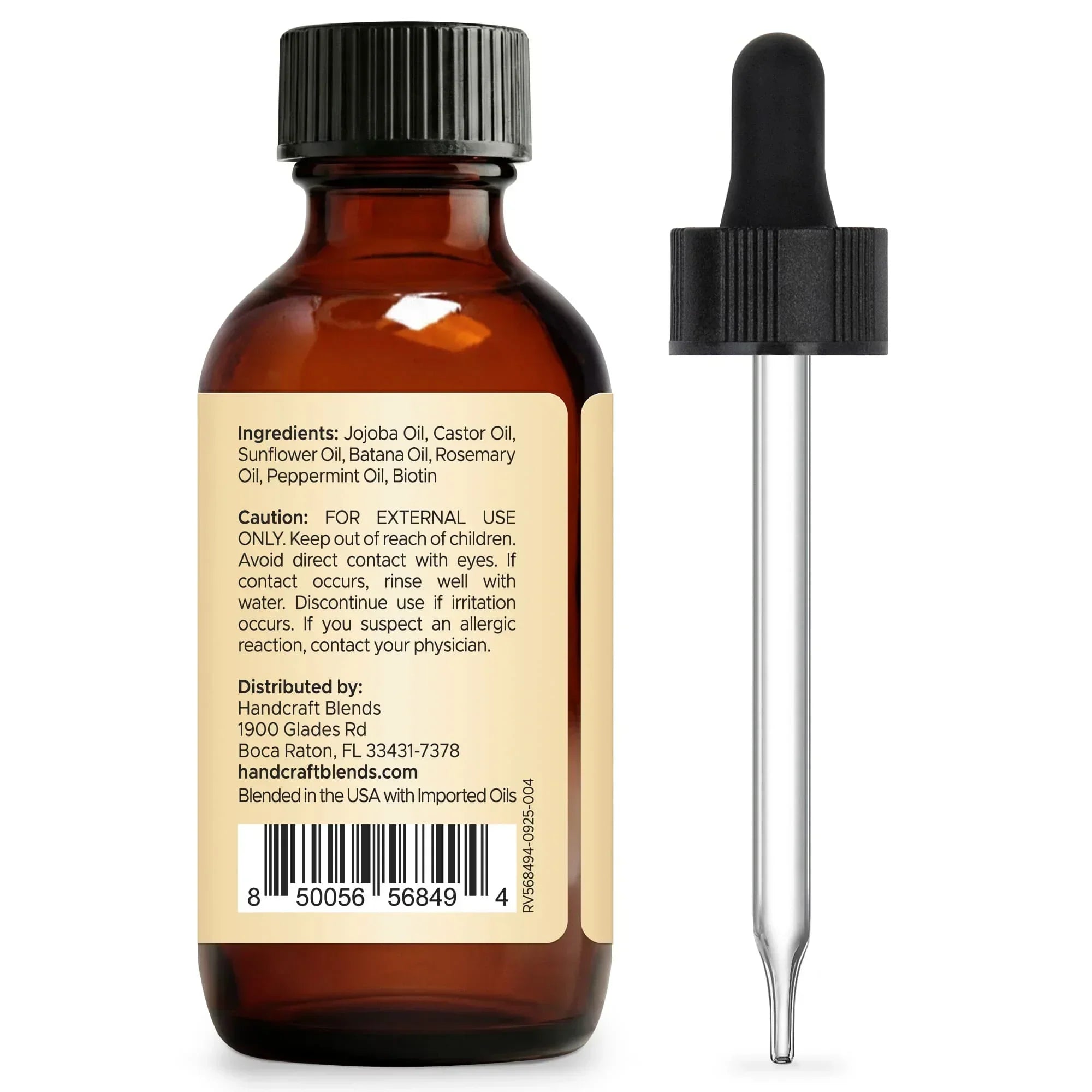 Amber glass dropper bottle with ingredients label for essential and carrier oils