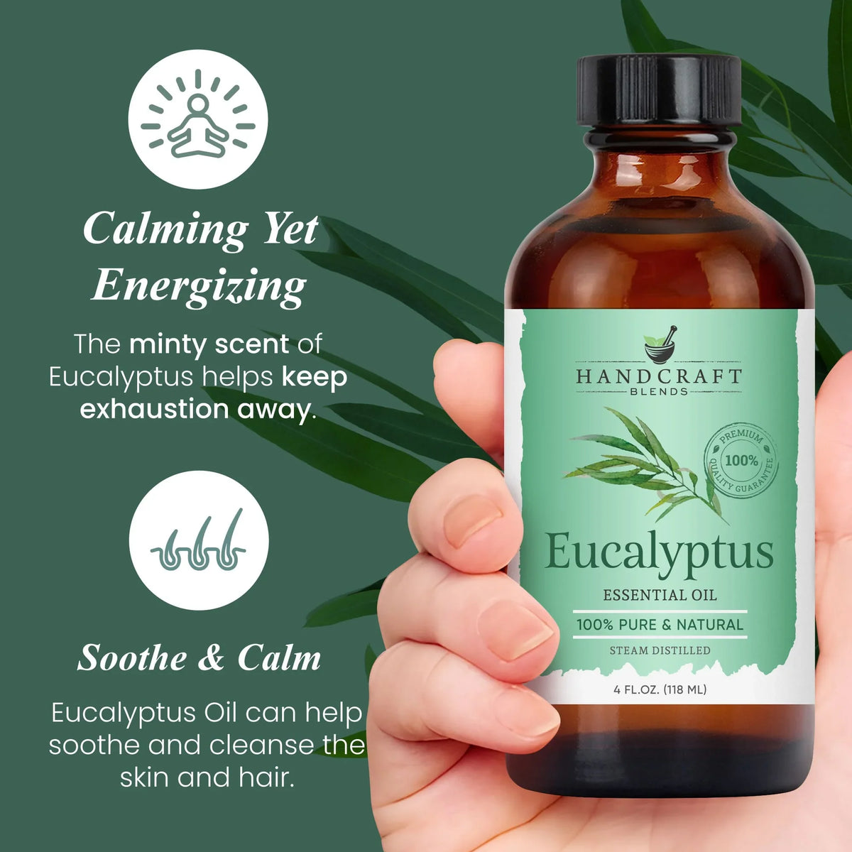 Hand holding a 4 oz eucalyptus essential oil bottle with green leaves and calming, soothing text.