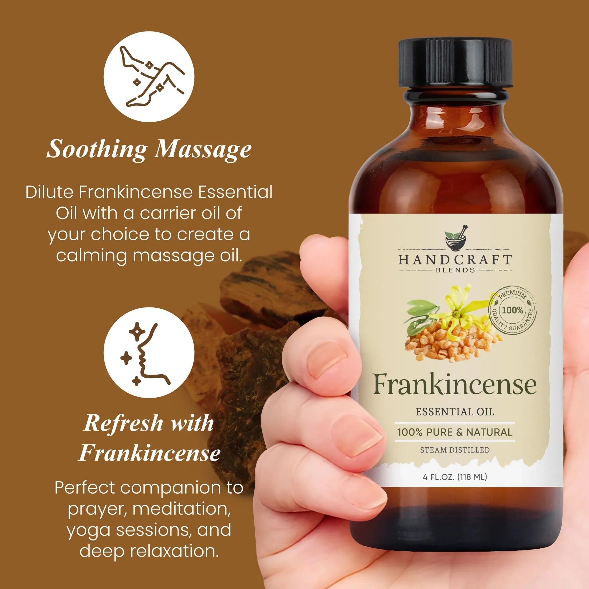 Hand holding a 4 oz bottle of frankincense essential oil, ideal for massage and aromatherapy.