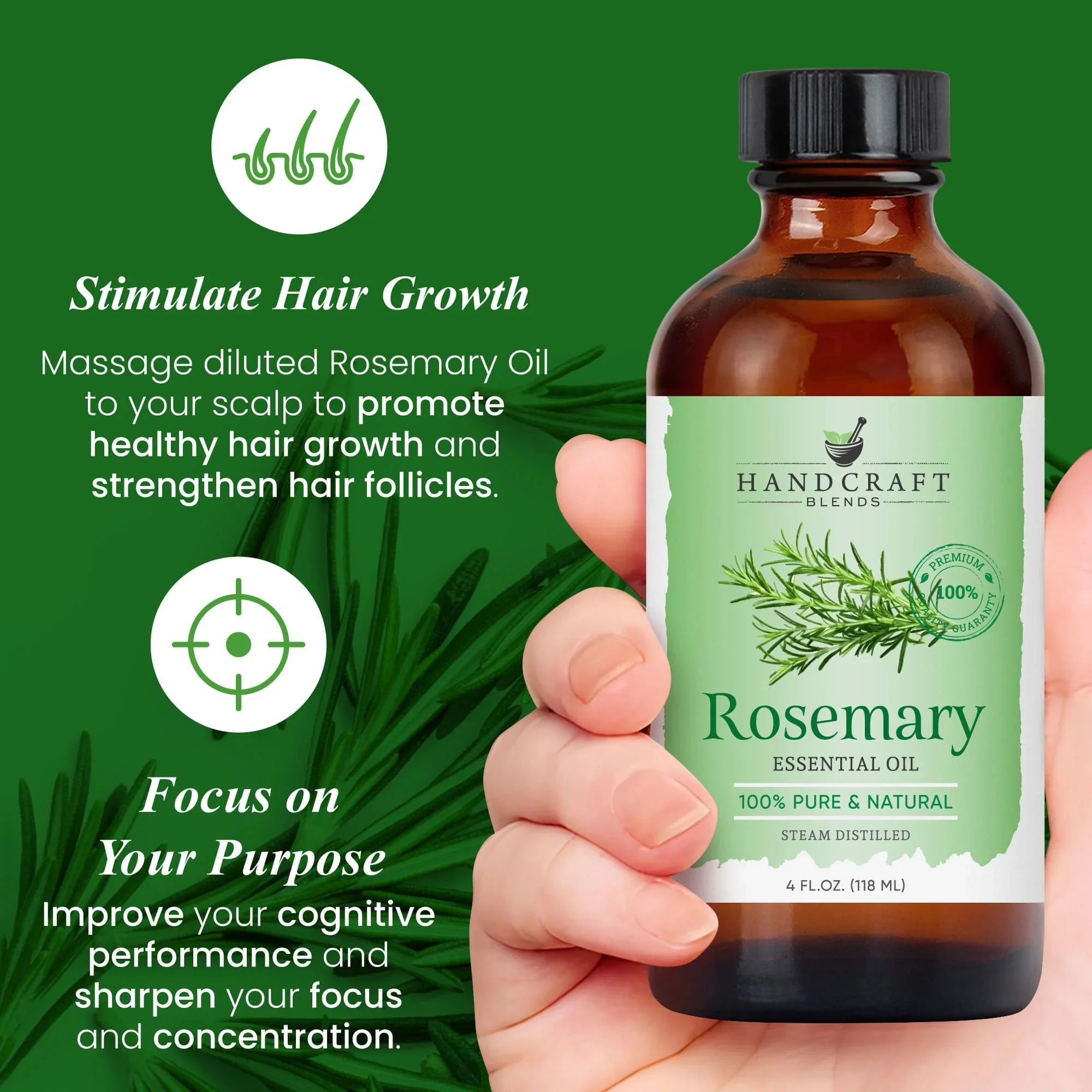 Hand holding a 4 oz bottle of rosemary essential oil with text about hair growth and cognitive benefits.