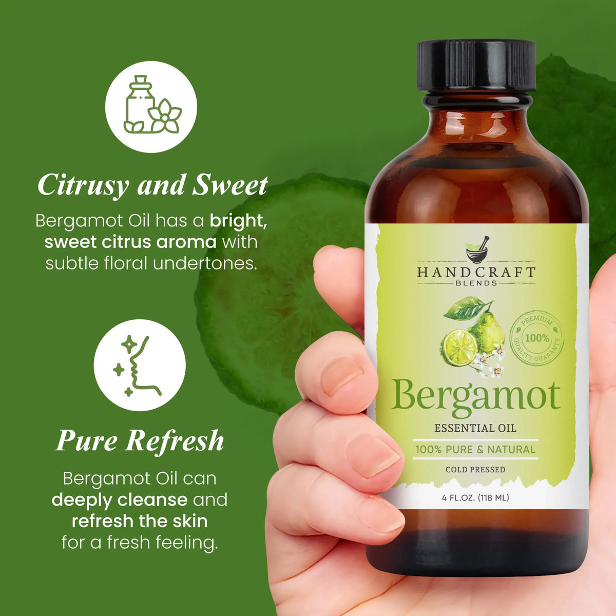 Hand holding 4 oz Bergamot essential oil bottle, green citrus background, skincare benefits highlighted.
