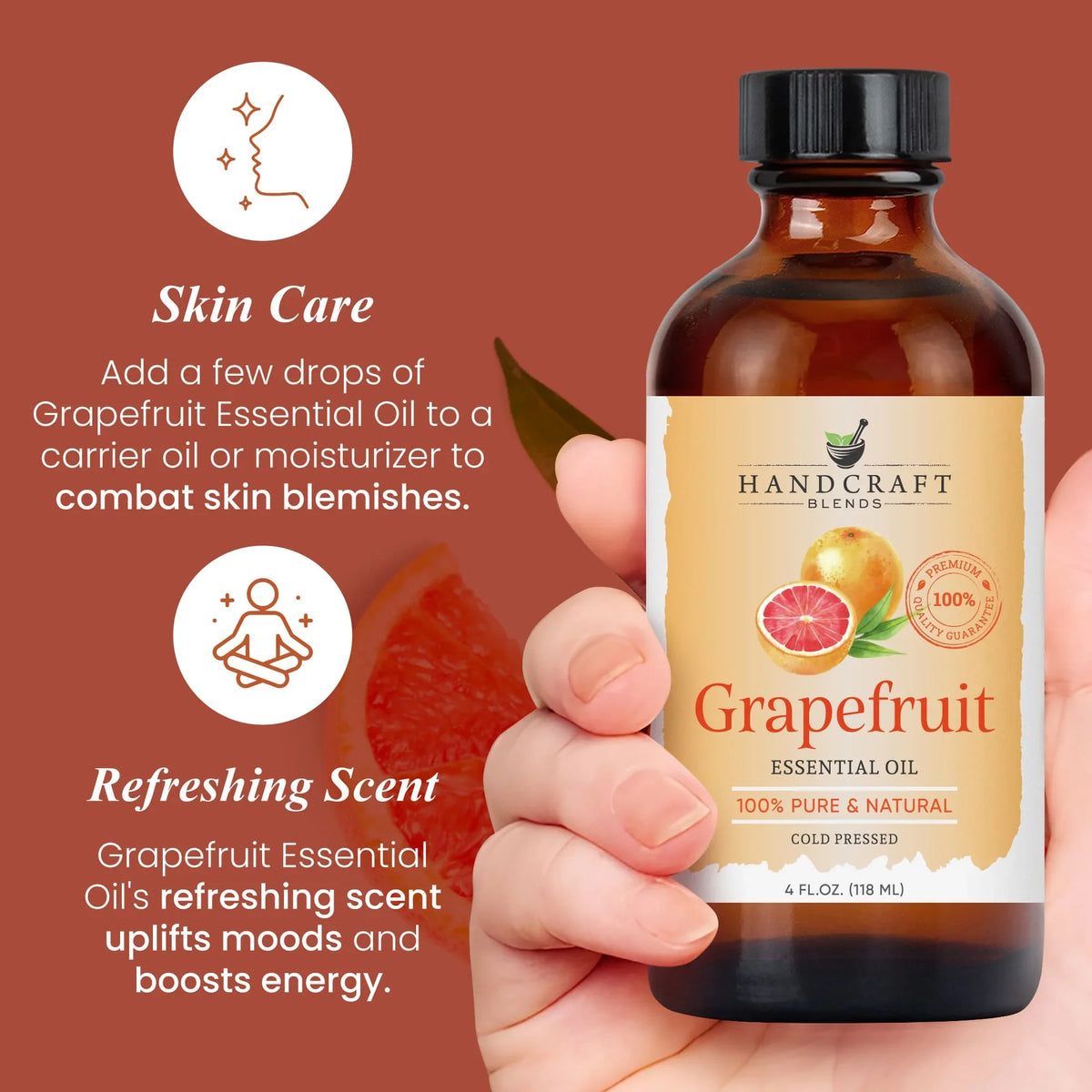 Hand holding bottle of grapefruit essential oil, grapefruit slice, skincare and aromatherapy benefits text.