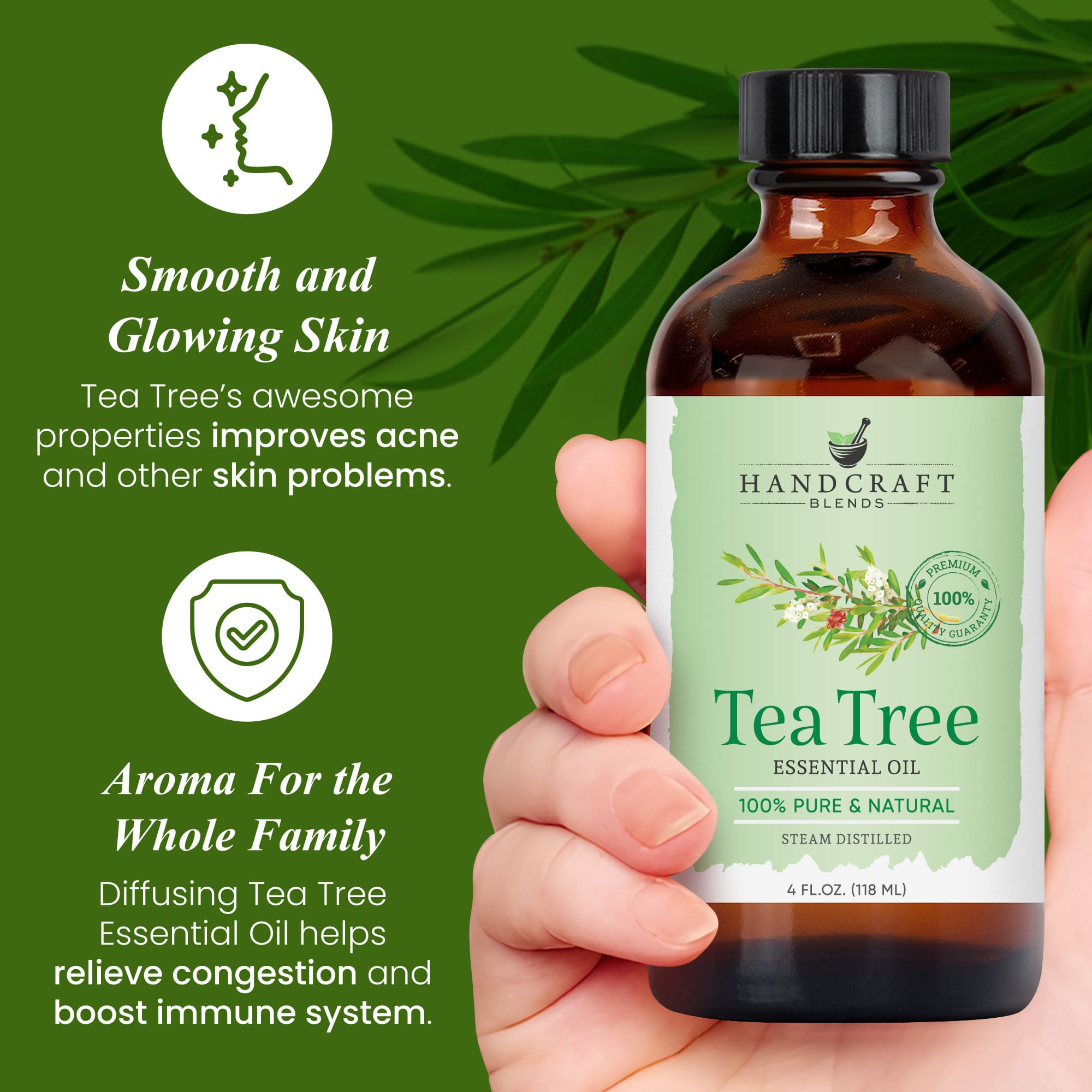 Hand holding 4 oz bottle of pure tea tree essential oil, green label, natural skin care benefits