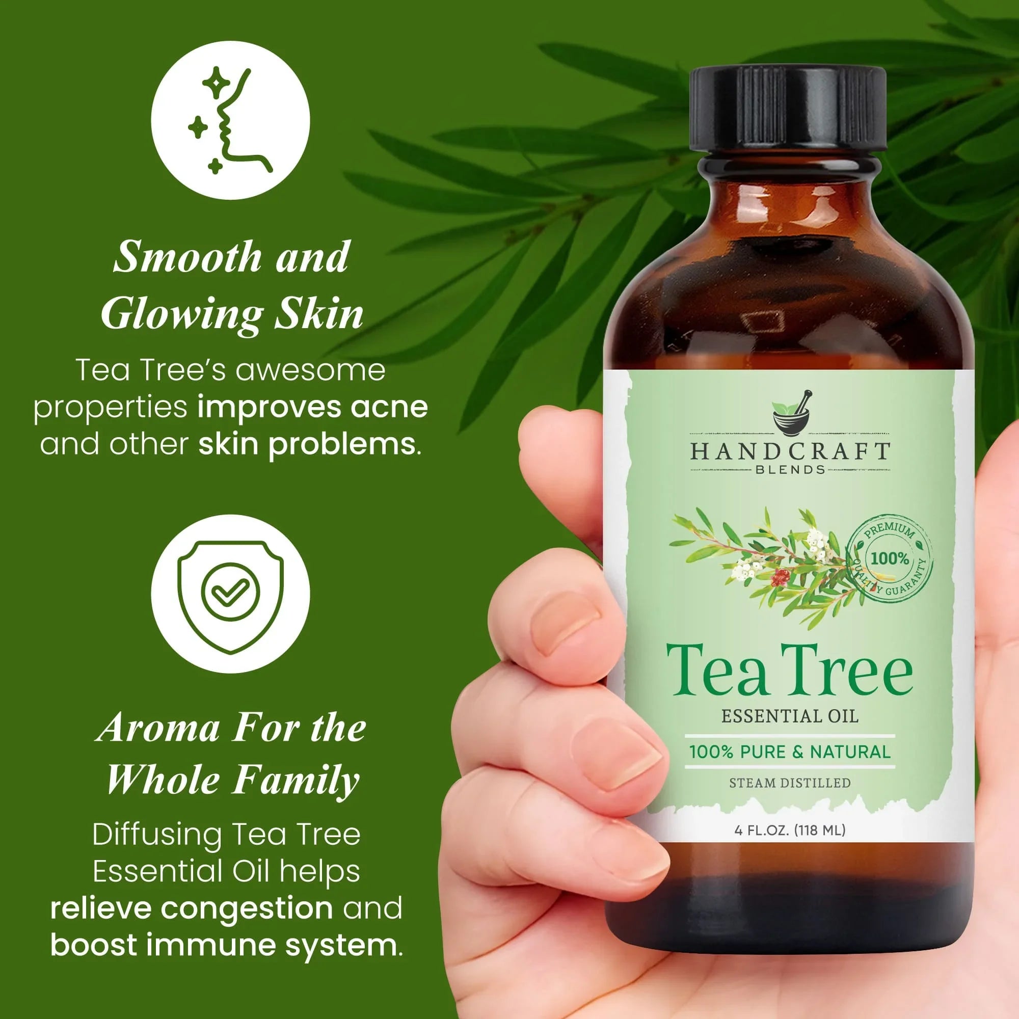 Hand holding 4 oz bottle of pure tea tree essential oil, green label, natural skin care benefits