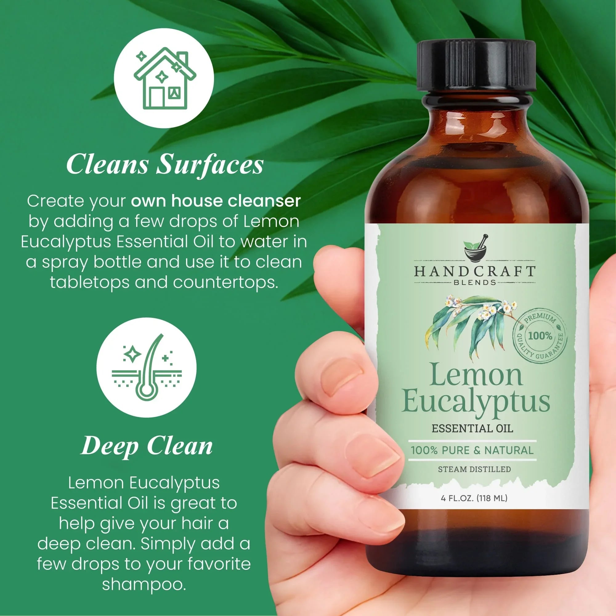 Hand holding 4 oz Lemon Eucalyptus essential oil bottle, green background with leaf and usage tips.