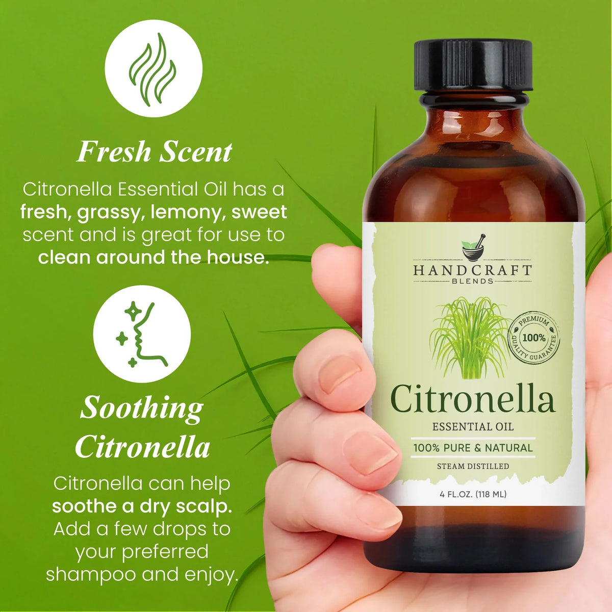 Hand holding 4 oz citronella essential oil bottle, green label, fresh and soothing benefits.