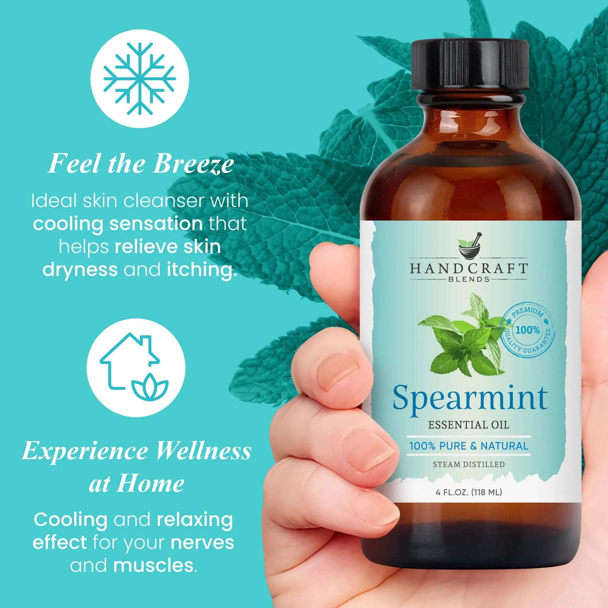 Hand holding spearmint essential oil bottle, mint leaves background, wellness and cooling benefits text