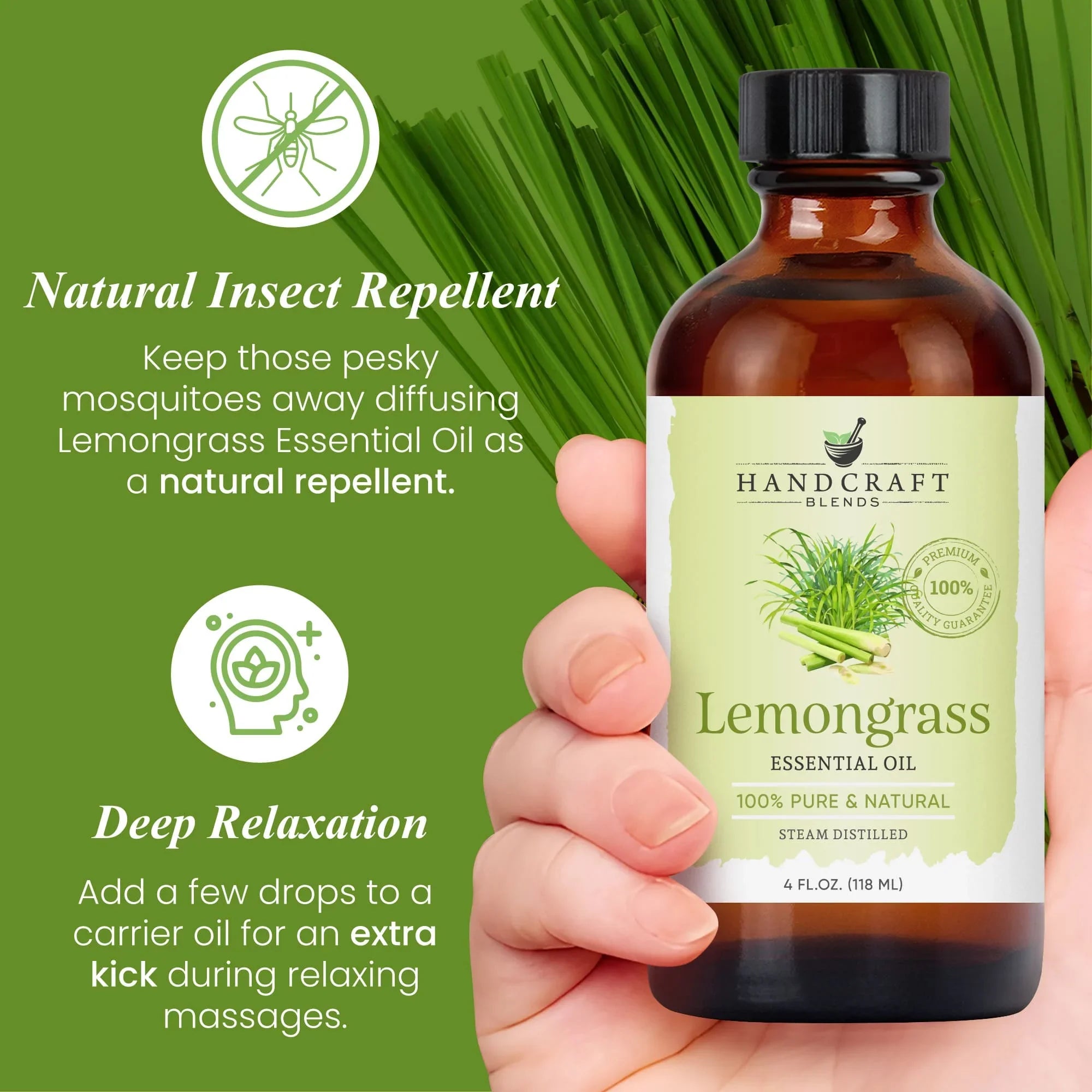 Hand holding a 4oz bottle of lemongrass essential oil with lemongrass and relaxation benefits illustrated.