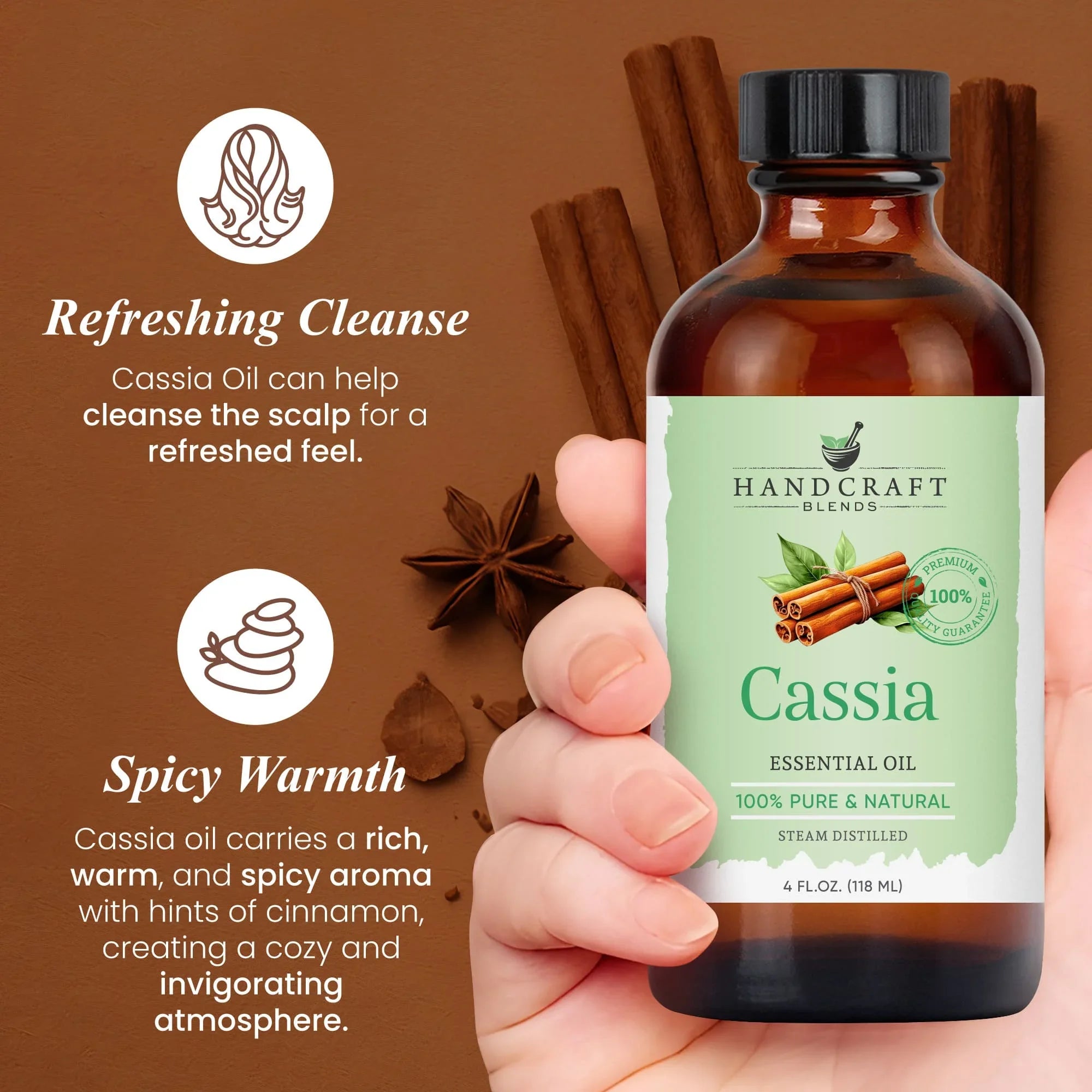 Cassia essential oil bottle held in hand with cinnamon sticks, star anise, and product benefits text.