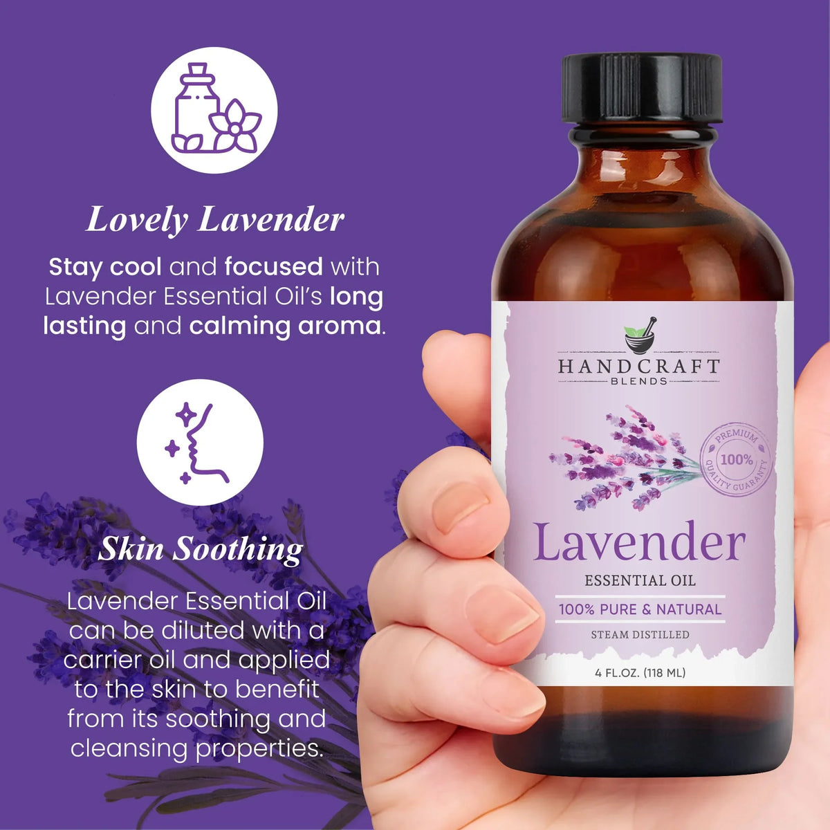 Hand holding a 4oz bottle of lavender essential oil, purple label, benefits highlighted.