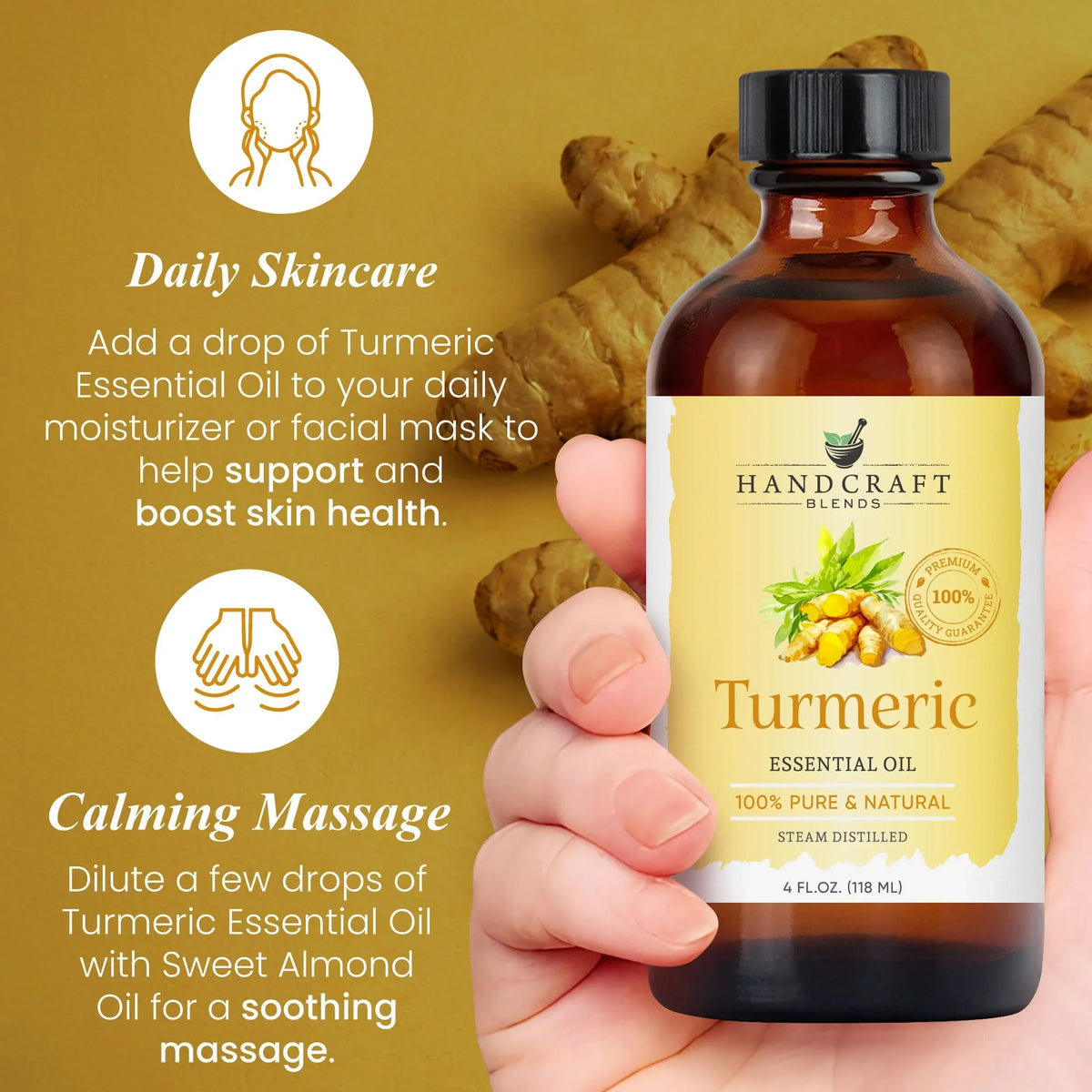 Hand holding a bottle of turmeric essential oil with turmeric roots, promoting skincare and massage uses.