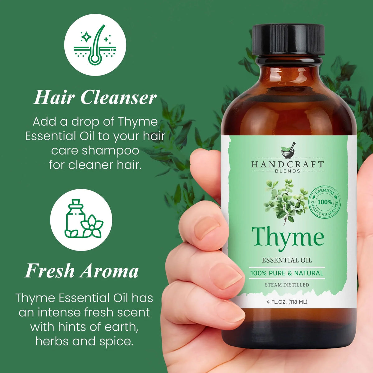 Hand holding a 4 oz bottle of thyme essential oil for aromatherapy and hair care, green label