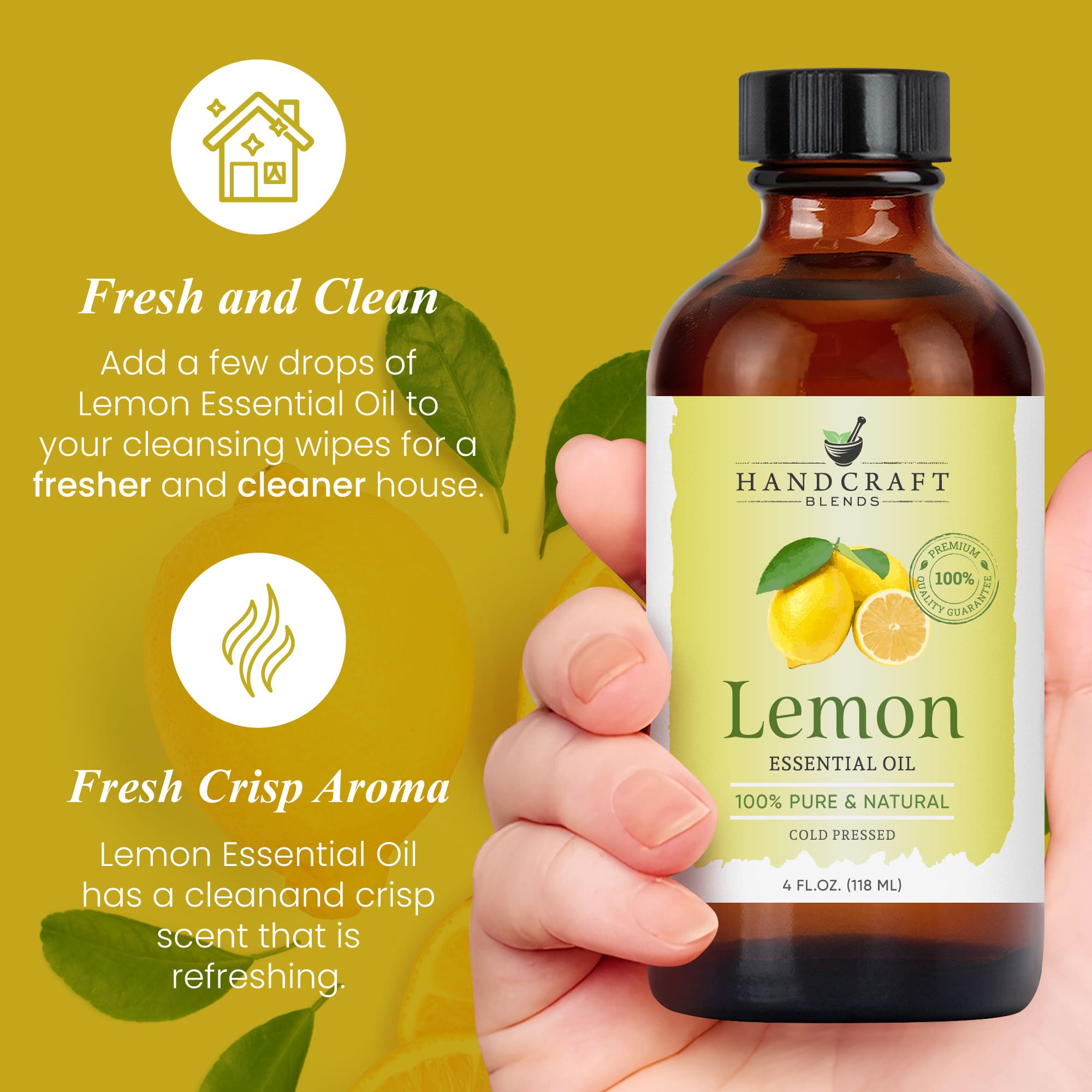 Hand holding 4oz lemon essential oil bottle, yellow background with lemon and leaves, text about fresh scent and cleaning benefits.