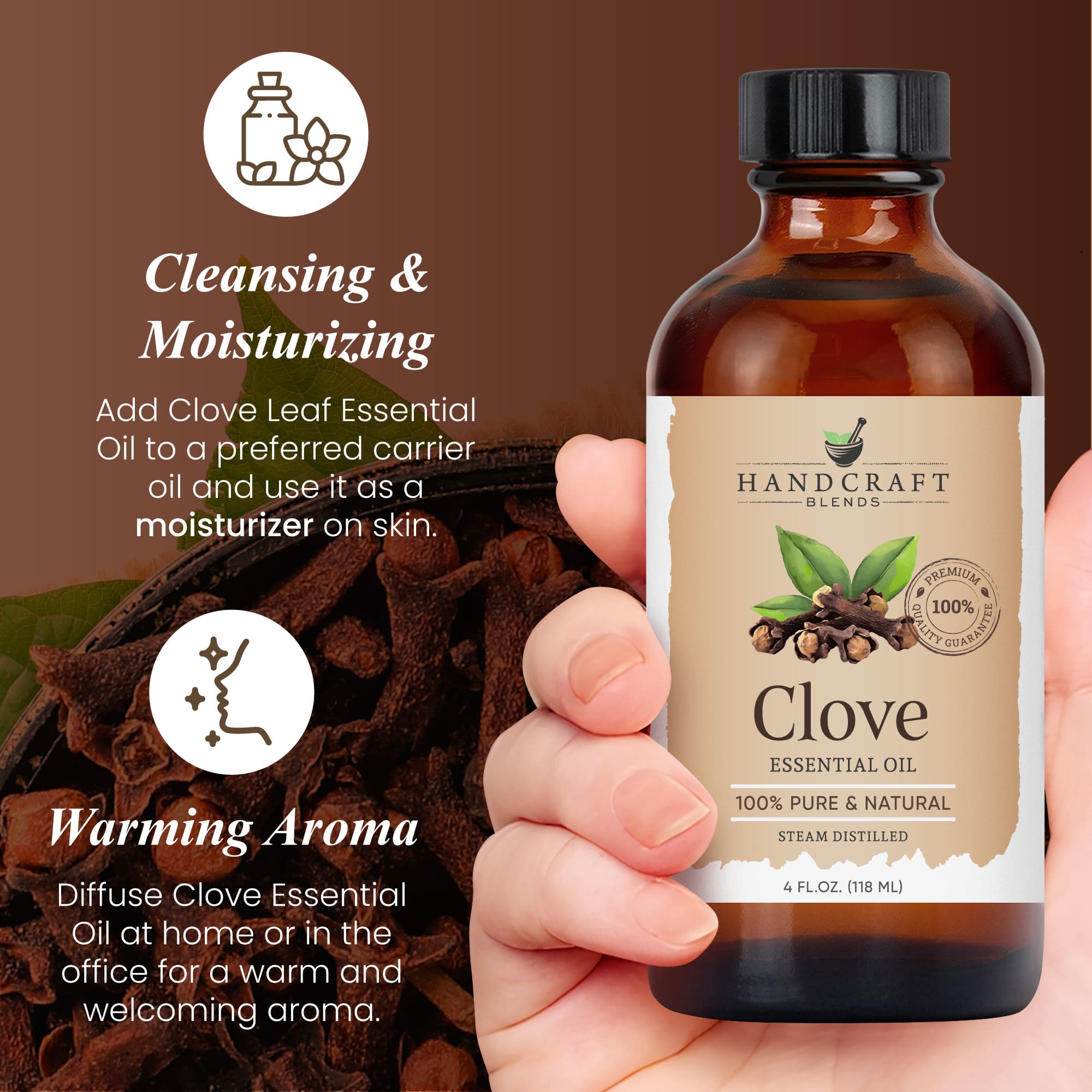 Hand holding a 4oz bottle of clove essential oil, with clove spices and product benefits in background.
