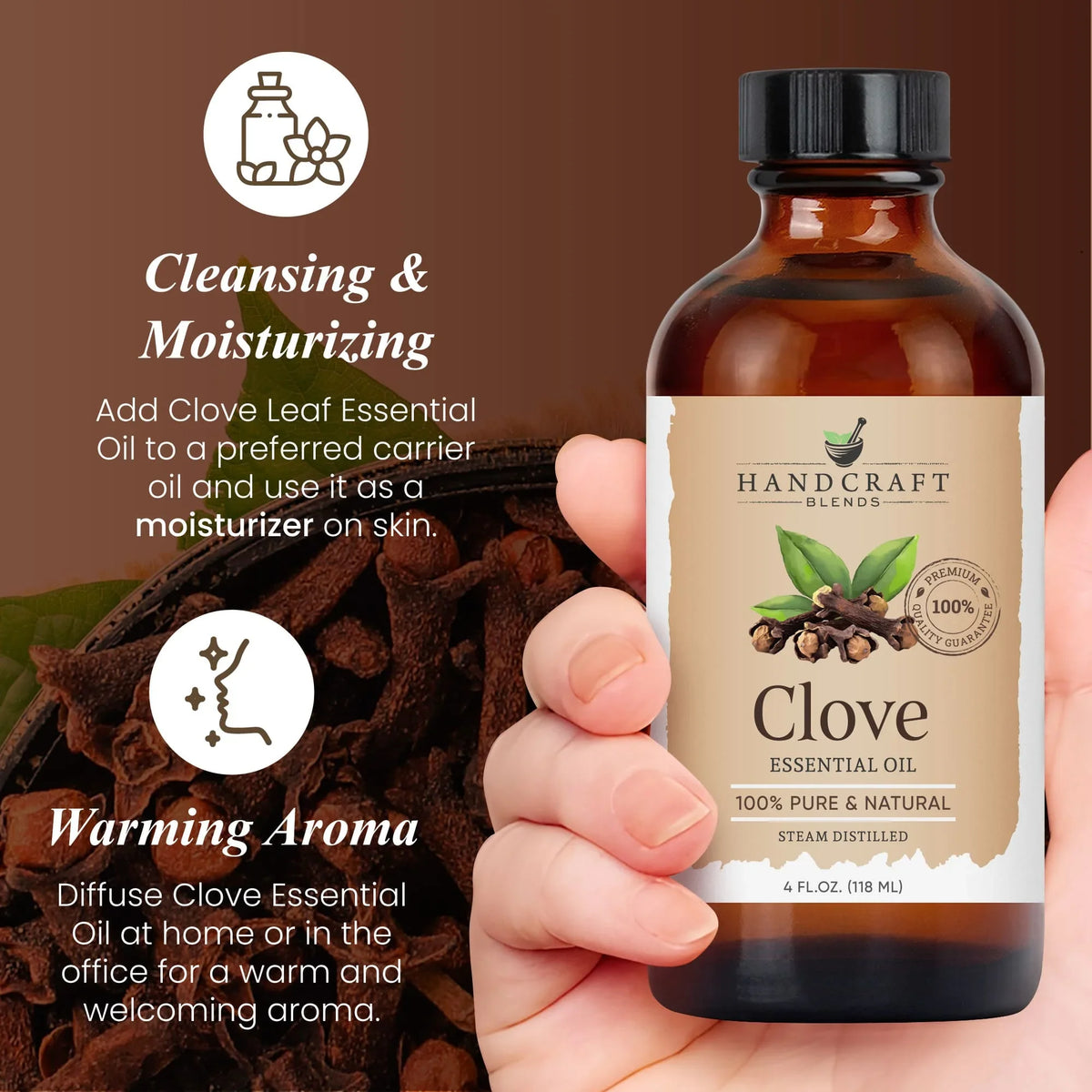 Hand holding a 4oz bottle of clove essential oil, with clove spices and product benefits in background.