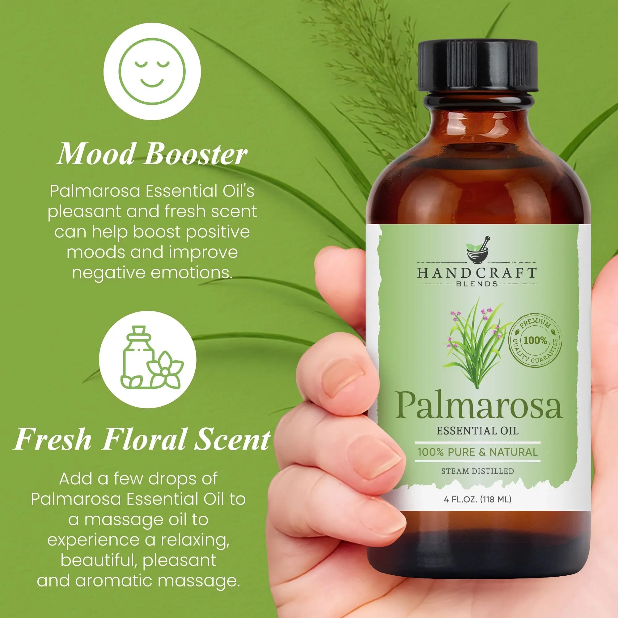 Hand holding a 4oz Palmarosa essential oil bottle with green label, mood booster and fresh floral scent benefits text.