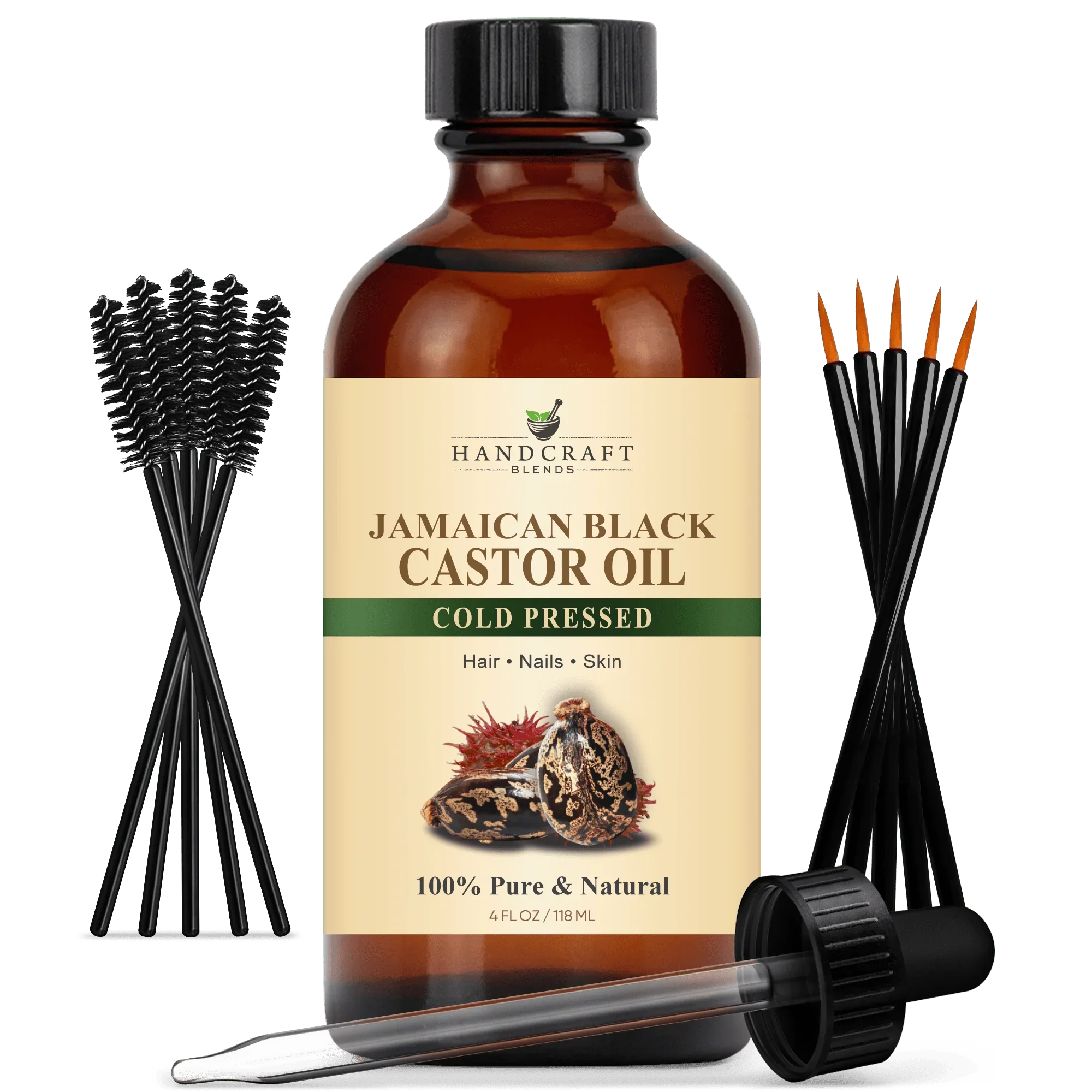 Jamaican black castor oil 4oz bottle with mascara brushes and dropper, cold pressed, for hair, nails, skin