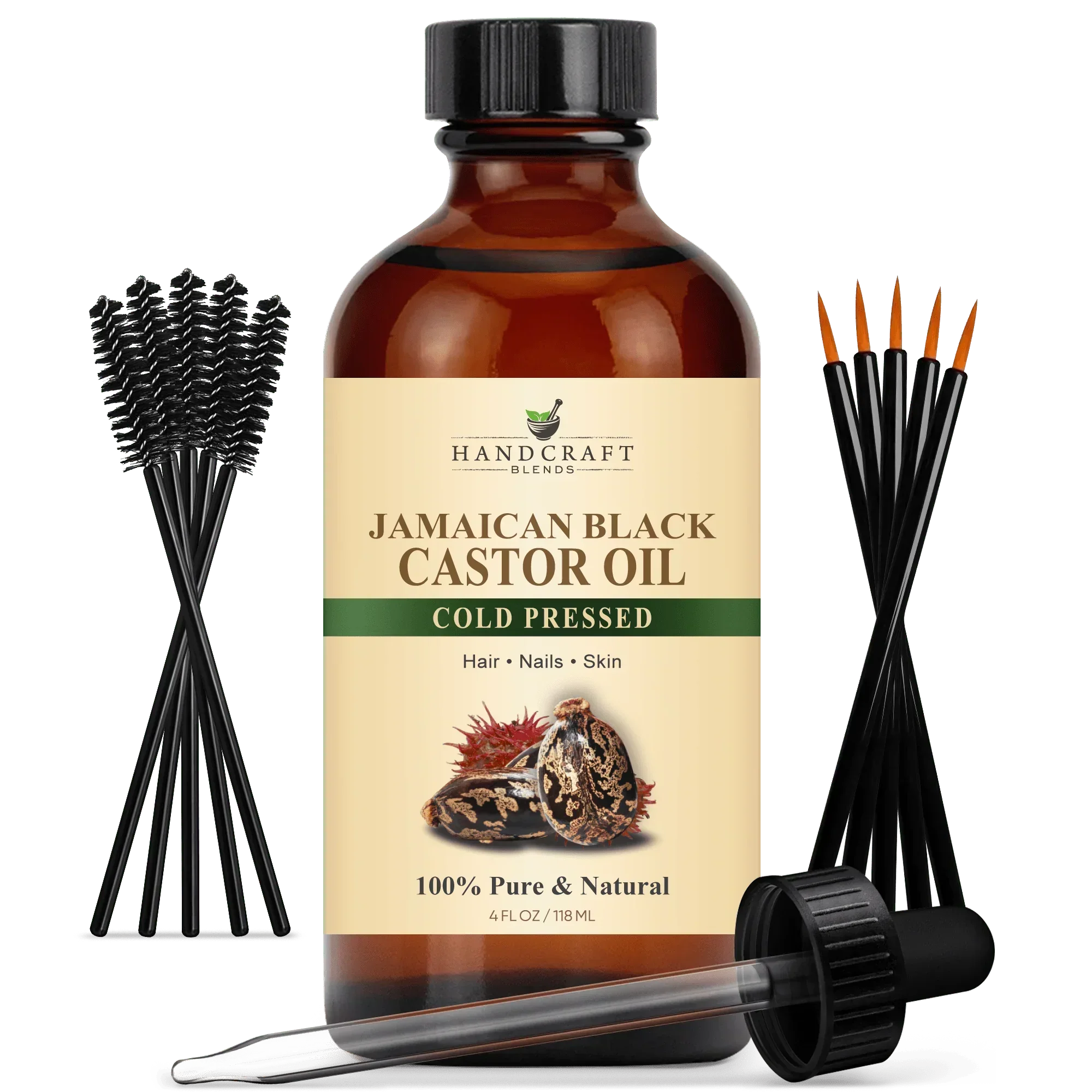 Jamaican black castor oil 4oz bottle with mascara brushes and dropper, cold pressed, for hair, nails, skin