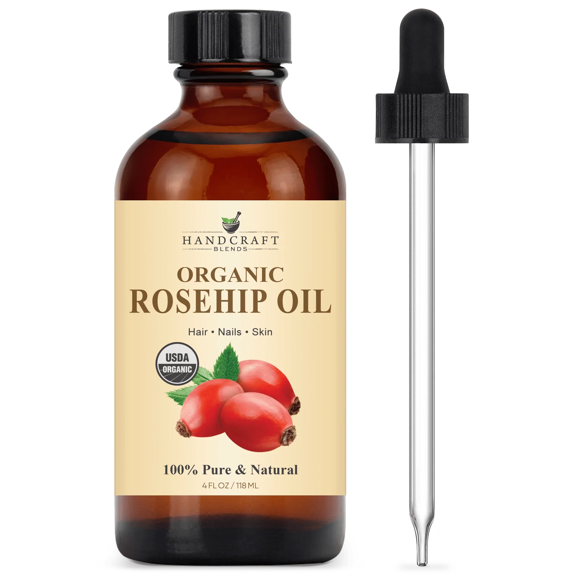 Amber glass bottle of organic rosehip oil with dropper, 4oz, for hair, nails, skin care.