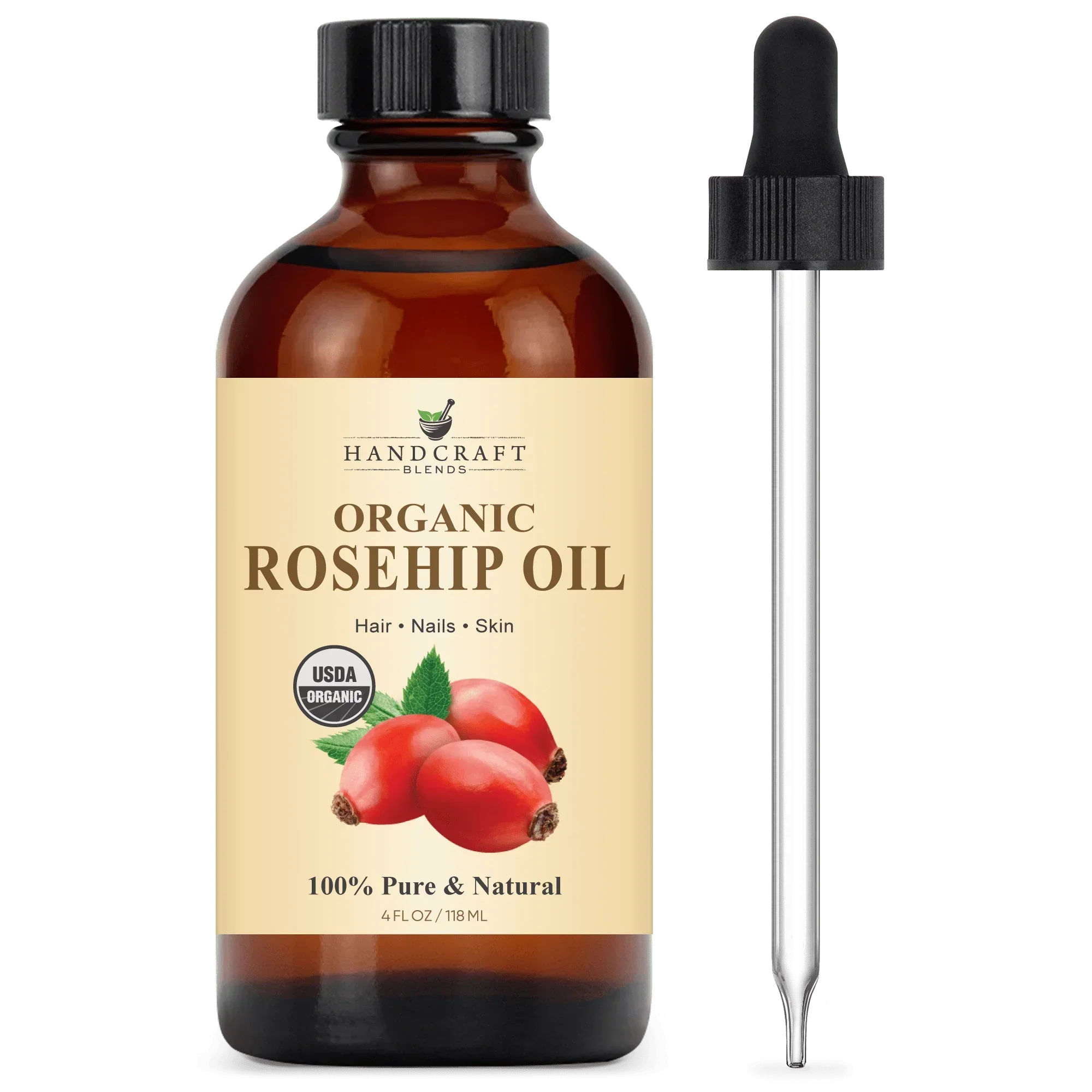 Amber glass bottle of organic rosehip oil with dropper, 4oz, for hair, nails, skin care.