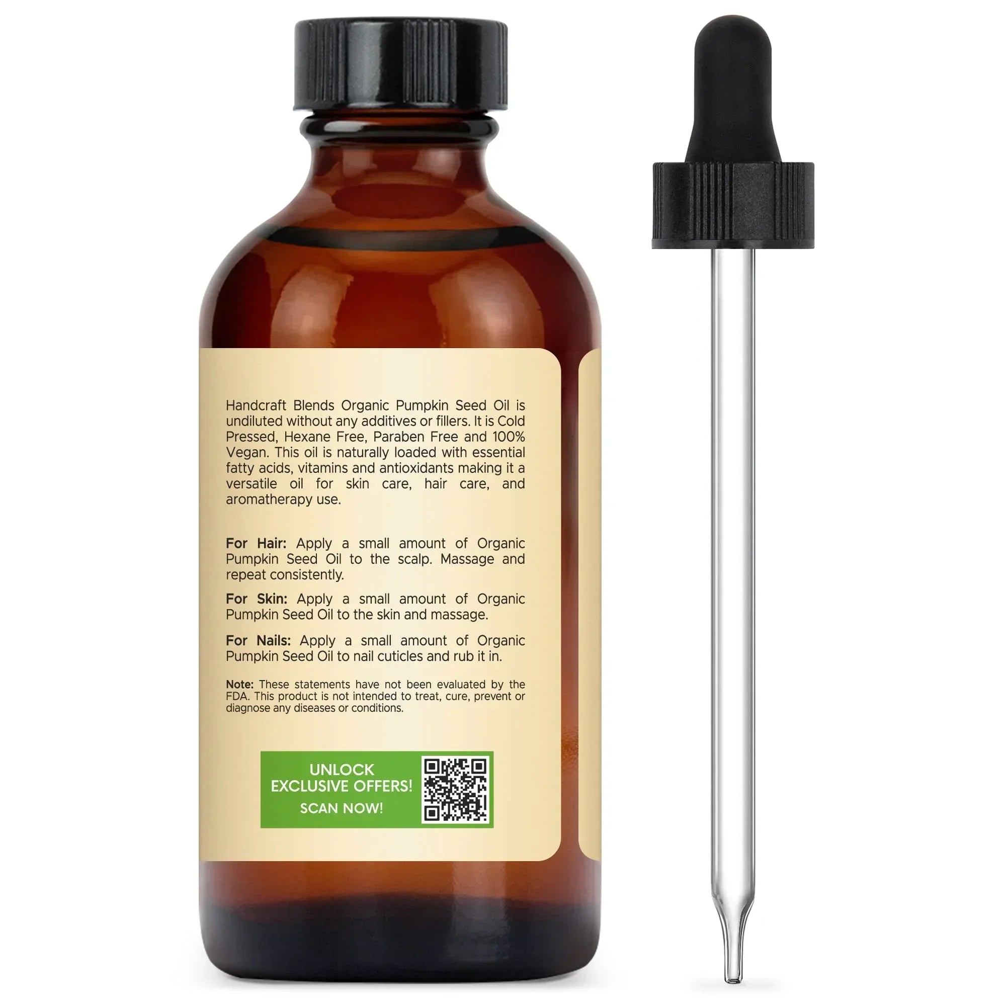 Amber glass bottle of organic pumpkin seed oil with dropper, label for skin, hair, and nail care