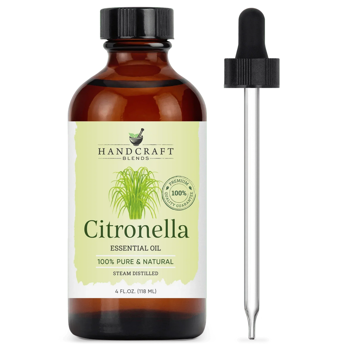 Amber bottle of citronella essential oil with dropper, 100% pure and natural, 4 oz