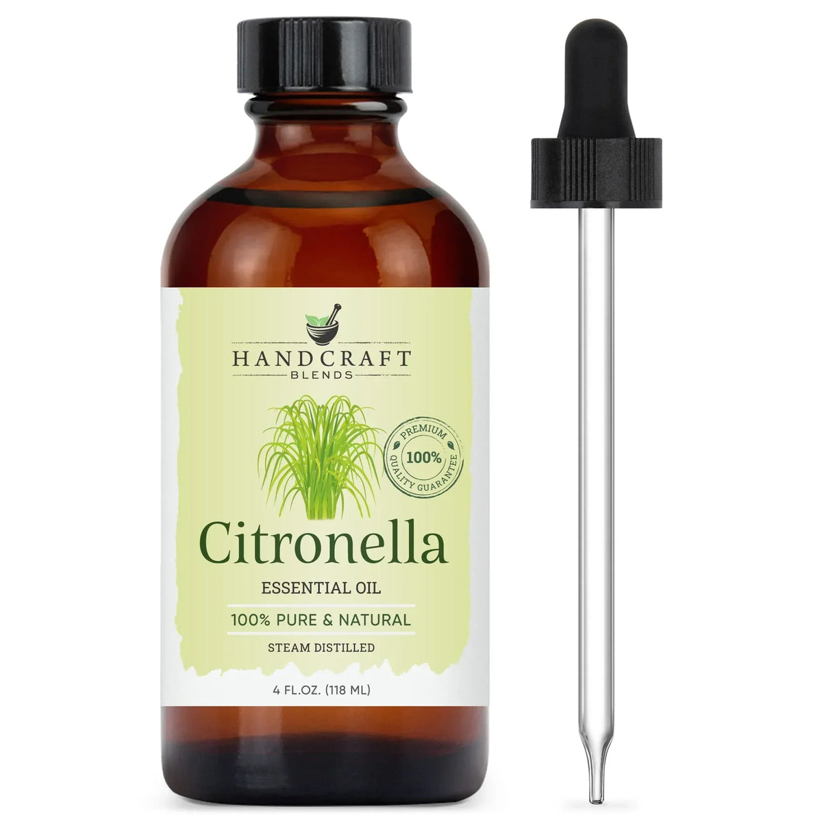 4oz amber bottle of citronella essential oil with dropper, labeled 100% pure and natural
