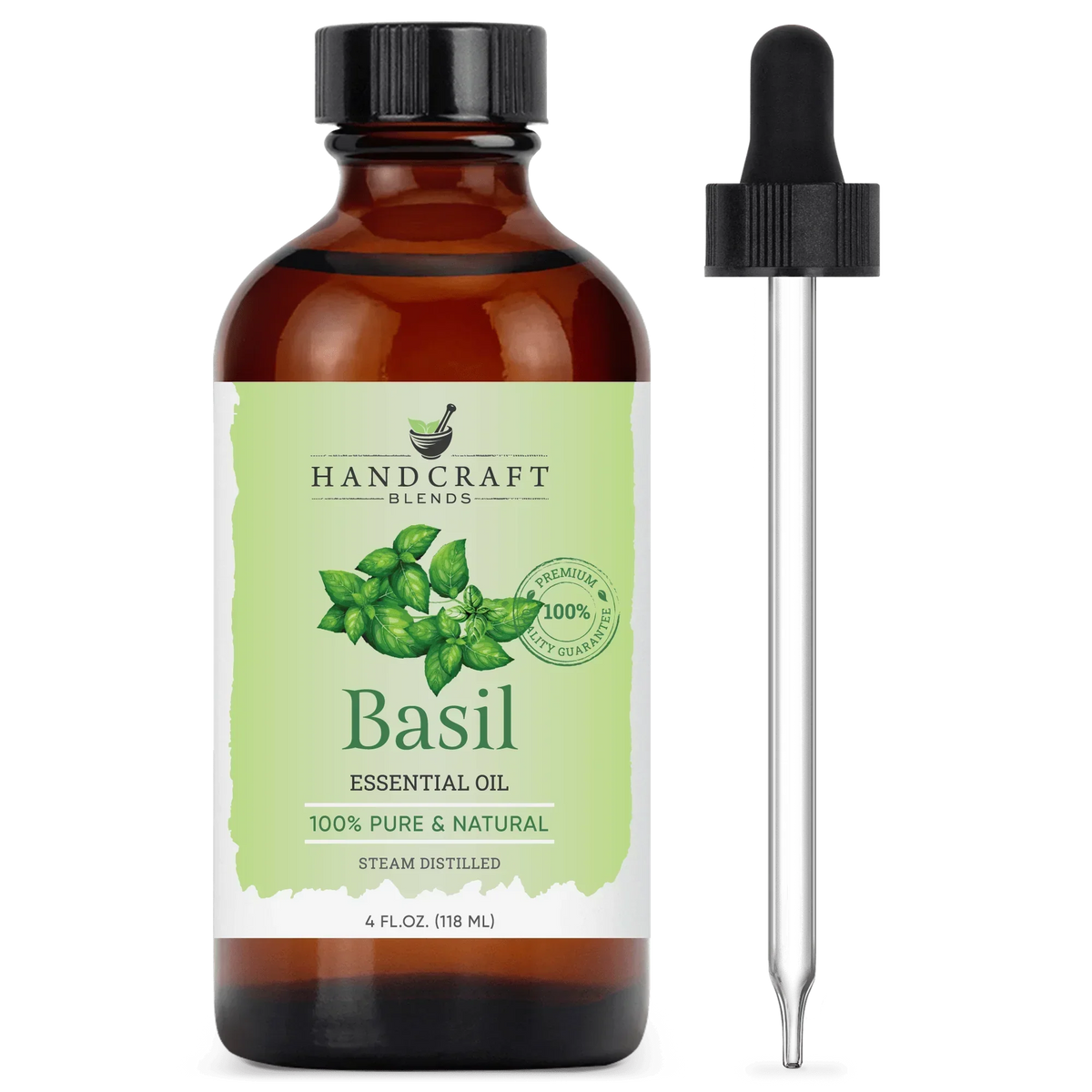 Amber bottle of basil essential oil with dropper, labeled 100% pure and natural, 4oz size