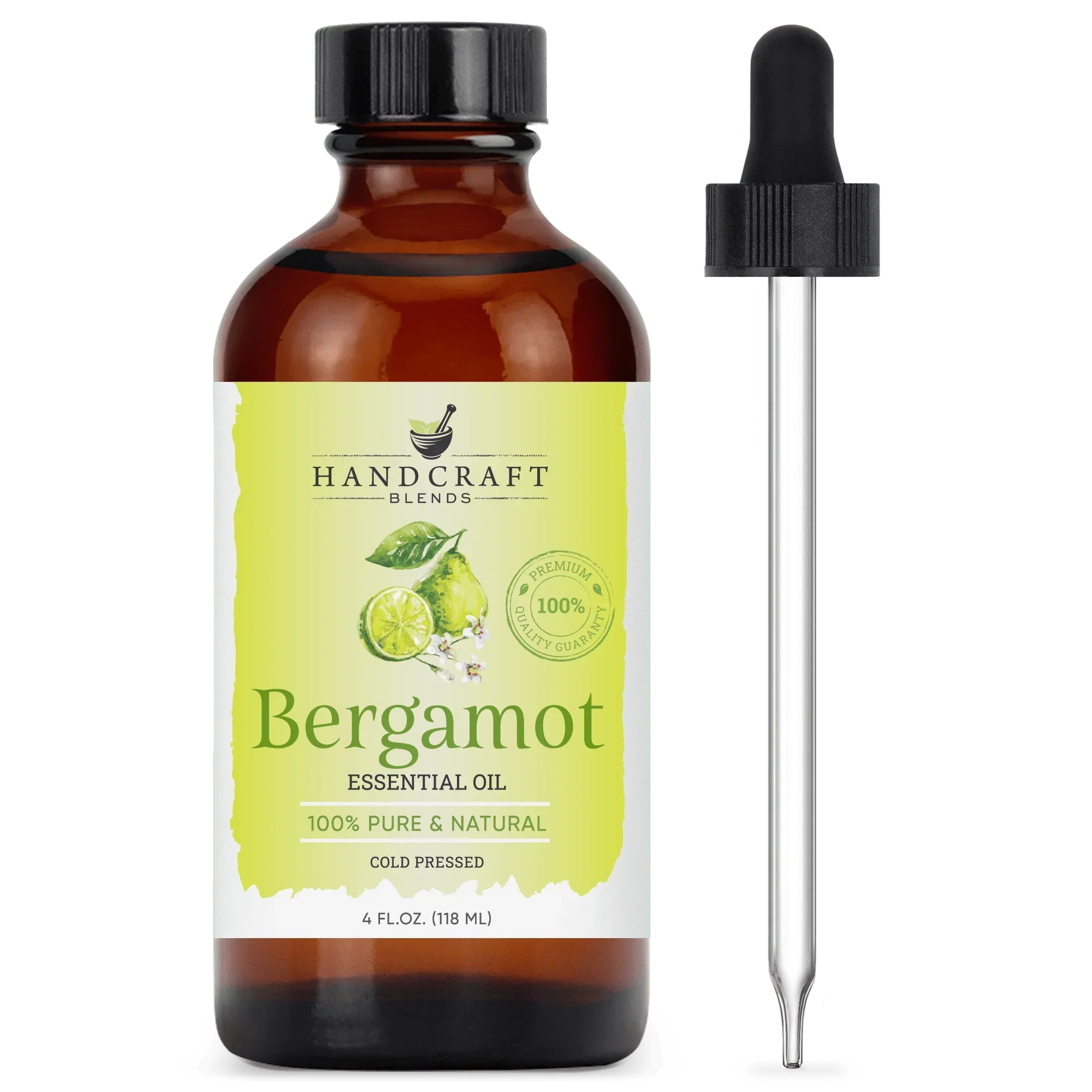 Amber bottle of bergamot essential oil with dropper, labeled 100% pure and natural.