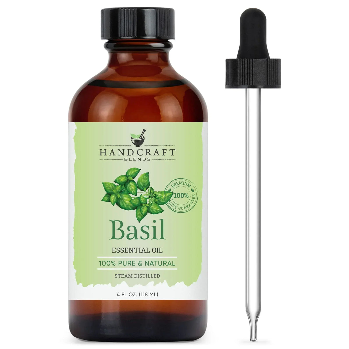 Amber bottle of basil essential oil with dropper, 100% pure and natural, 4 oz size