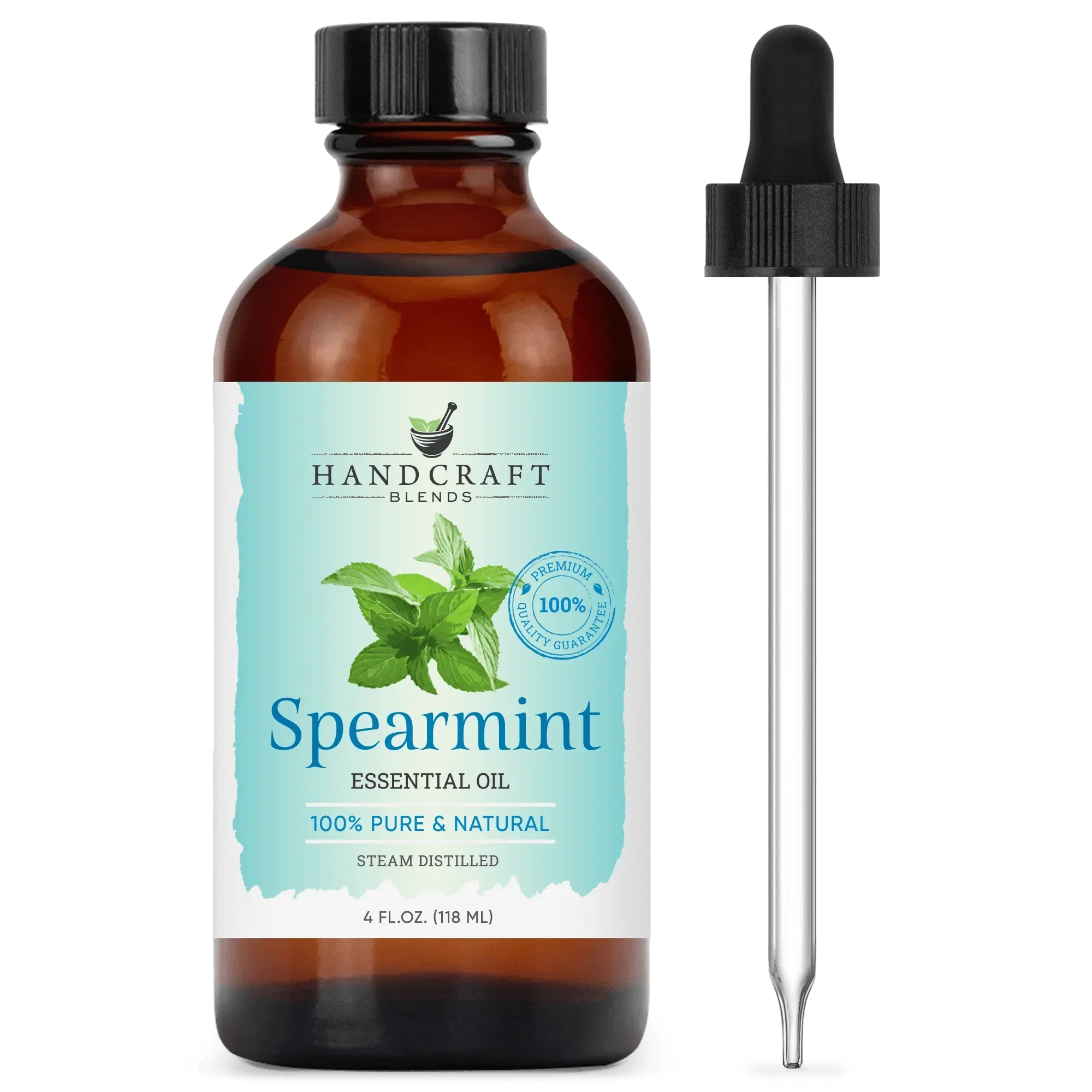 4oz amber bottle of spearmint essential oil with dropper, labeled 100% pure and natural
