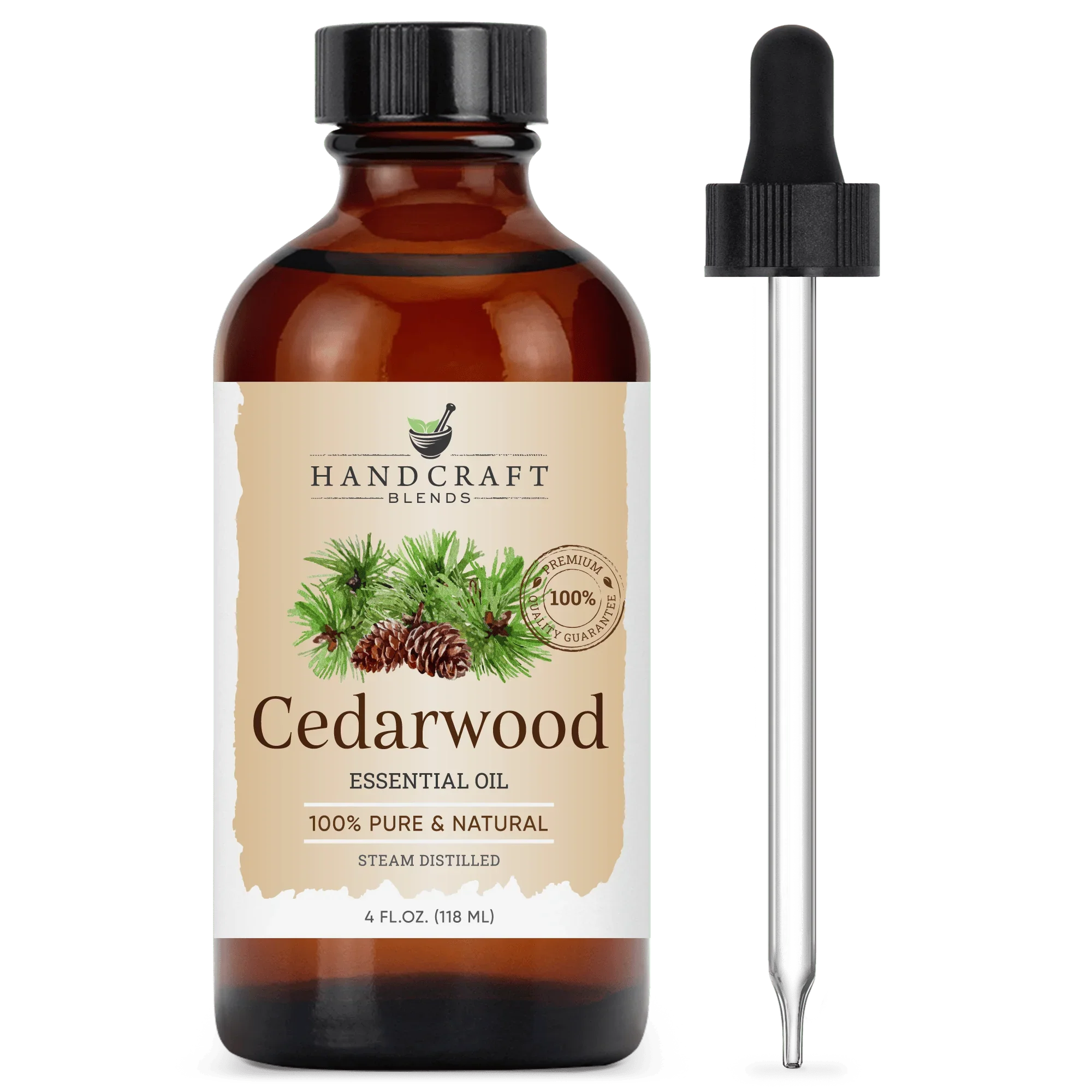 Amber bottle of cedarwood essential oil with dropper, labeled 100% pure and natural.