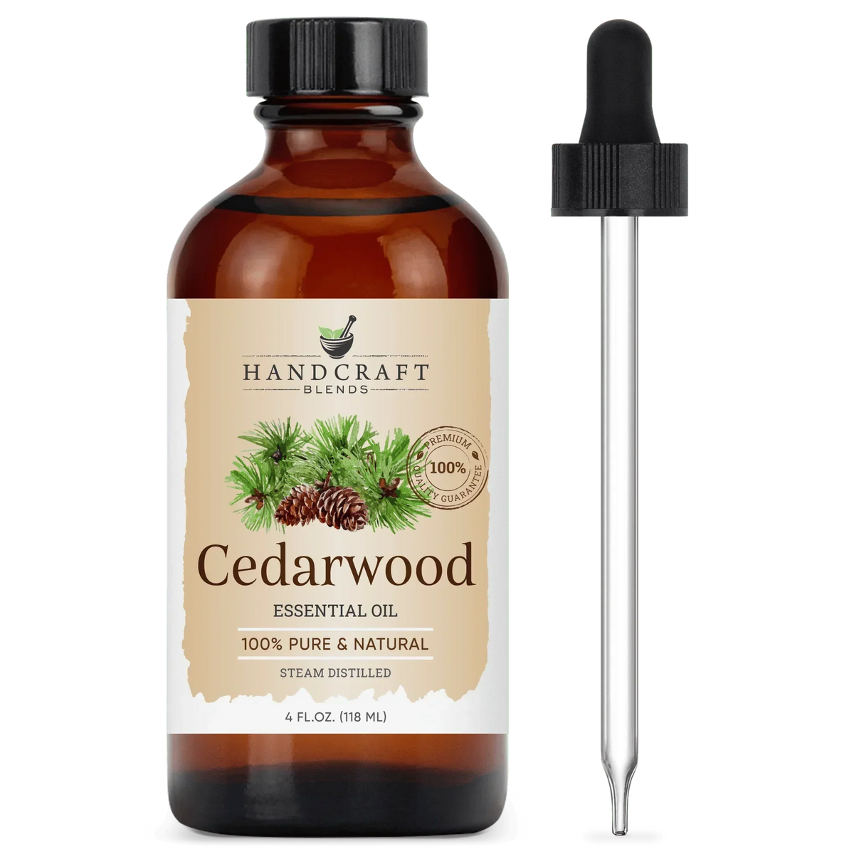 Amber bottle of cedarwood essential oil with dropper, labeled 100% pure and natural.