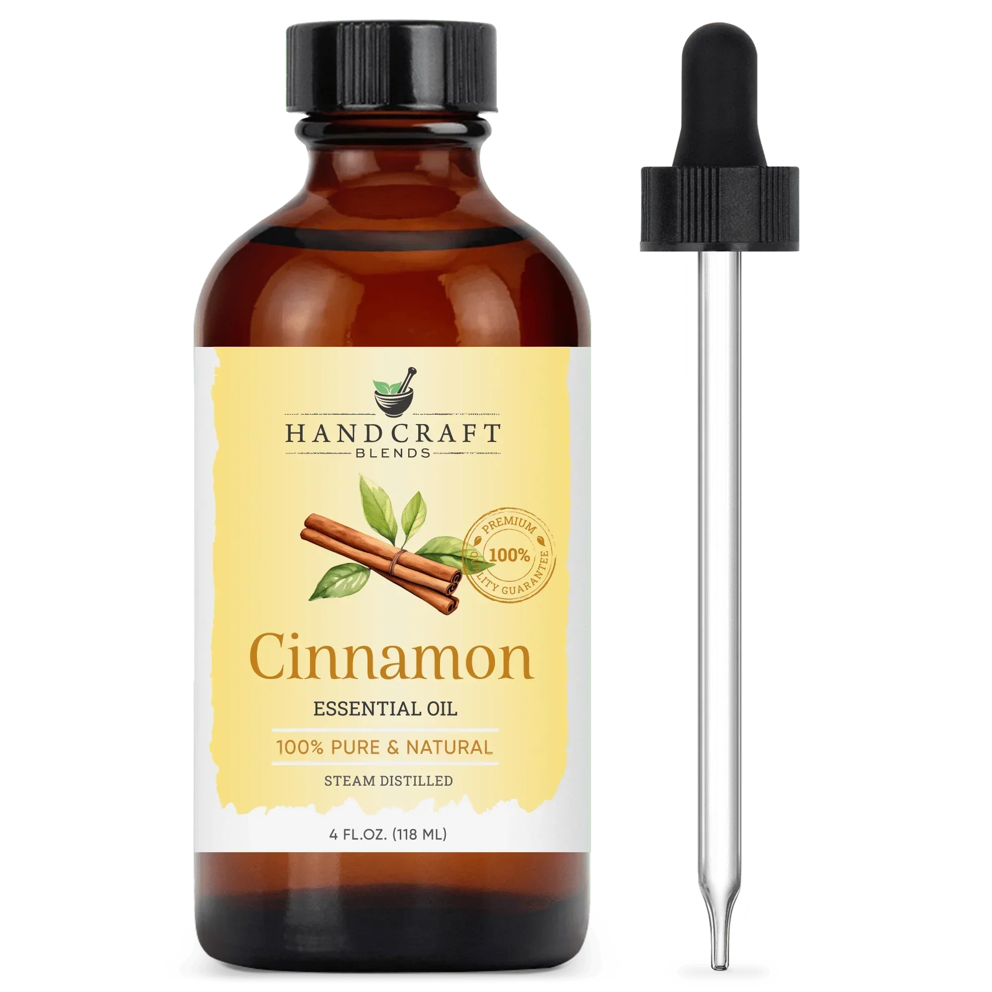 4oz amber bottle of cinnamon essential oil with dropper, labeled 100% pure and natural