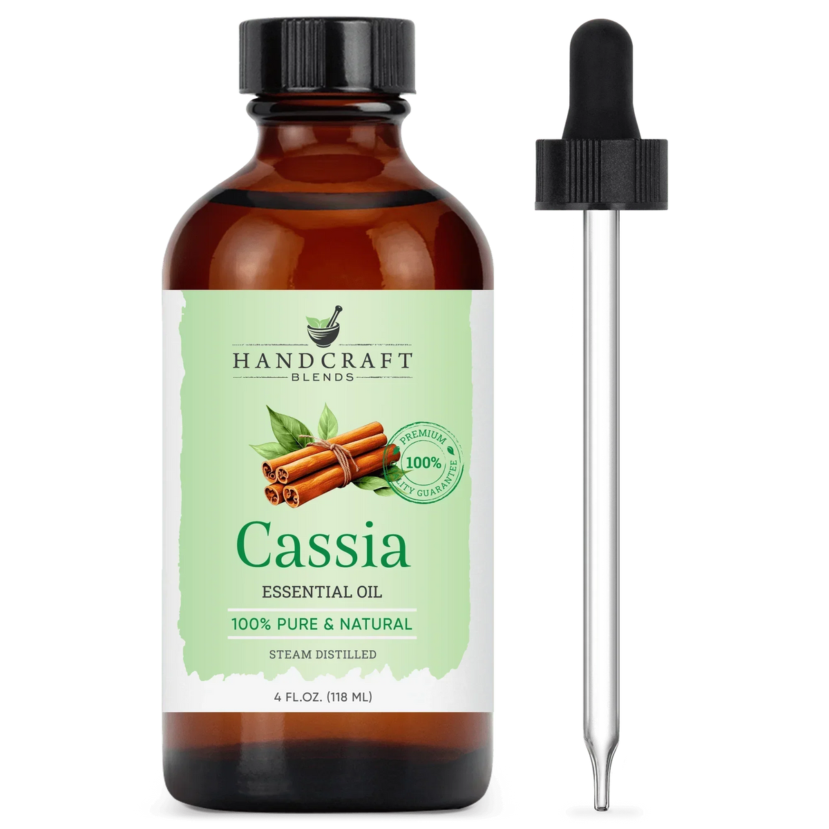 Cassia essential oil 4oz amber bottle with dropper, labeled 100% pure and natural, cinnamon illustration