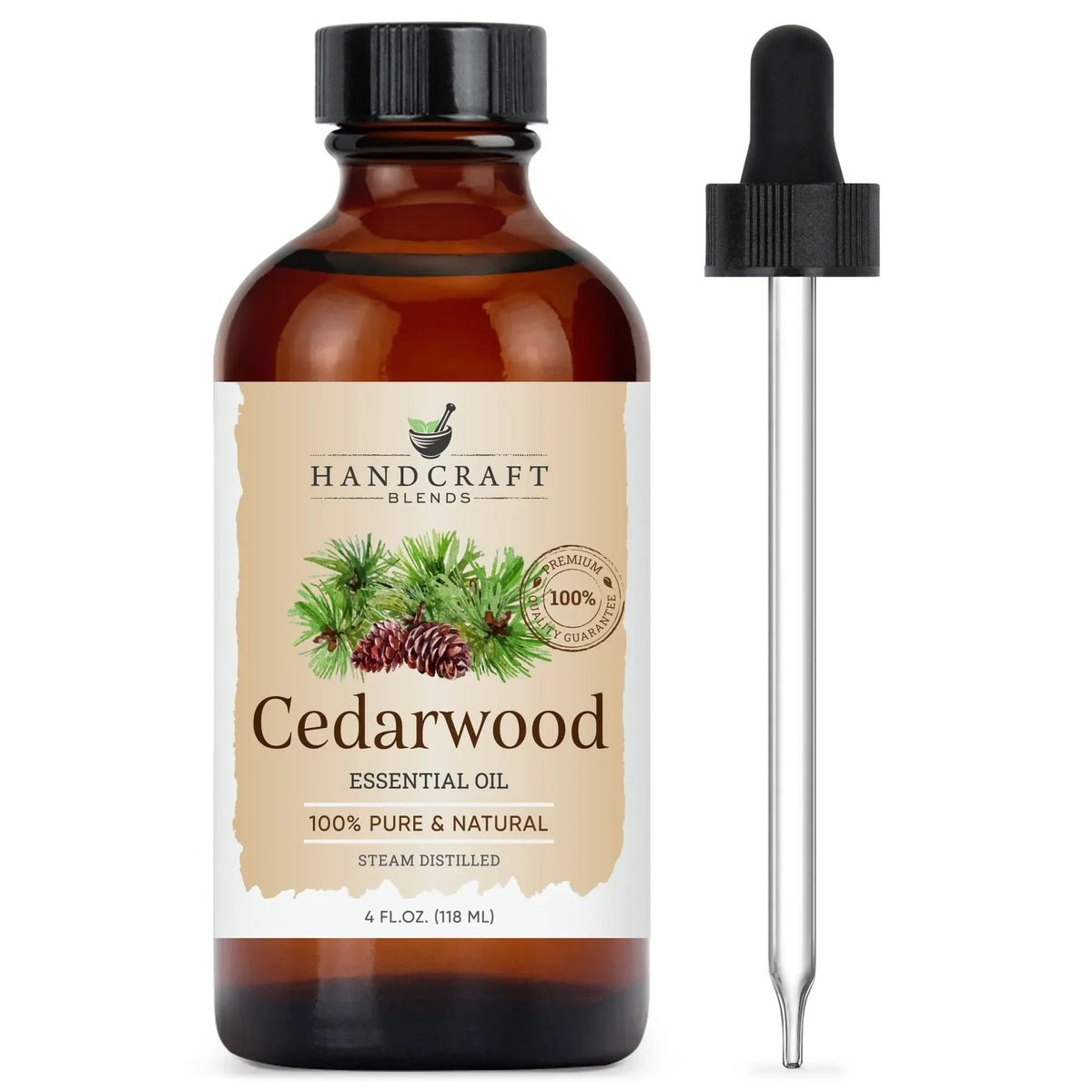 Cedarwood essential oil bottle with dropper, 4oz, labeled 100% pure and natural