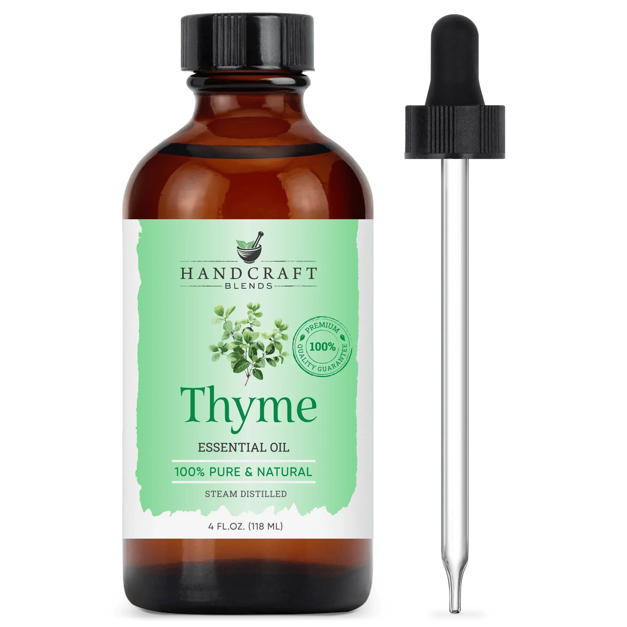 4oz amber bottle of thyme essential oil with dropper, labeled 100% pure and natural.